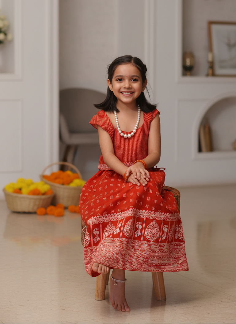 Let her dazzle in comfort and style with our hand block printed Chanderi top & skirt set. ✨
Soft, breathable, and festive — blending pure craftsmanship with a touch of traditional charm for celebrations and special occasions.