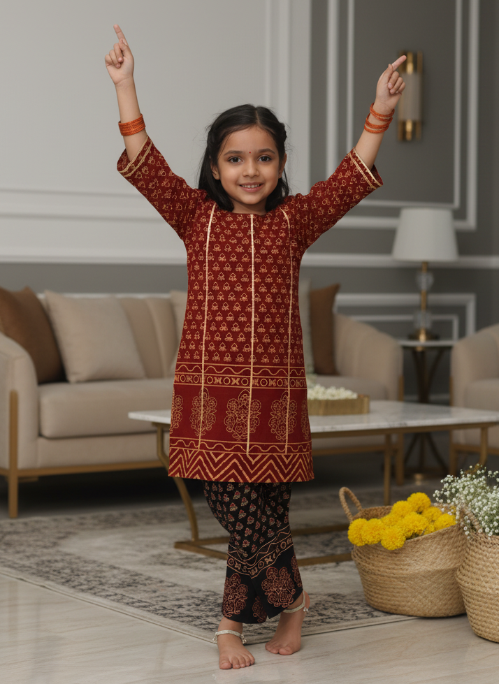 Let her radiate grace in our handcrafted Ajrakh cotton kurta & trouser set, adorned with delicate gota details. ✨
Soft, airy & festive — designed for pure comfort and timeless charm, perfect for celebrations or special occasions.