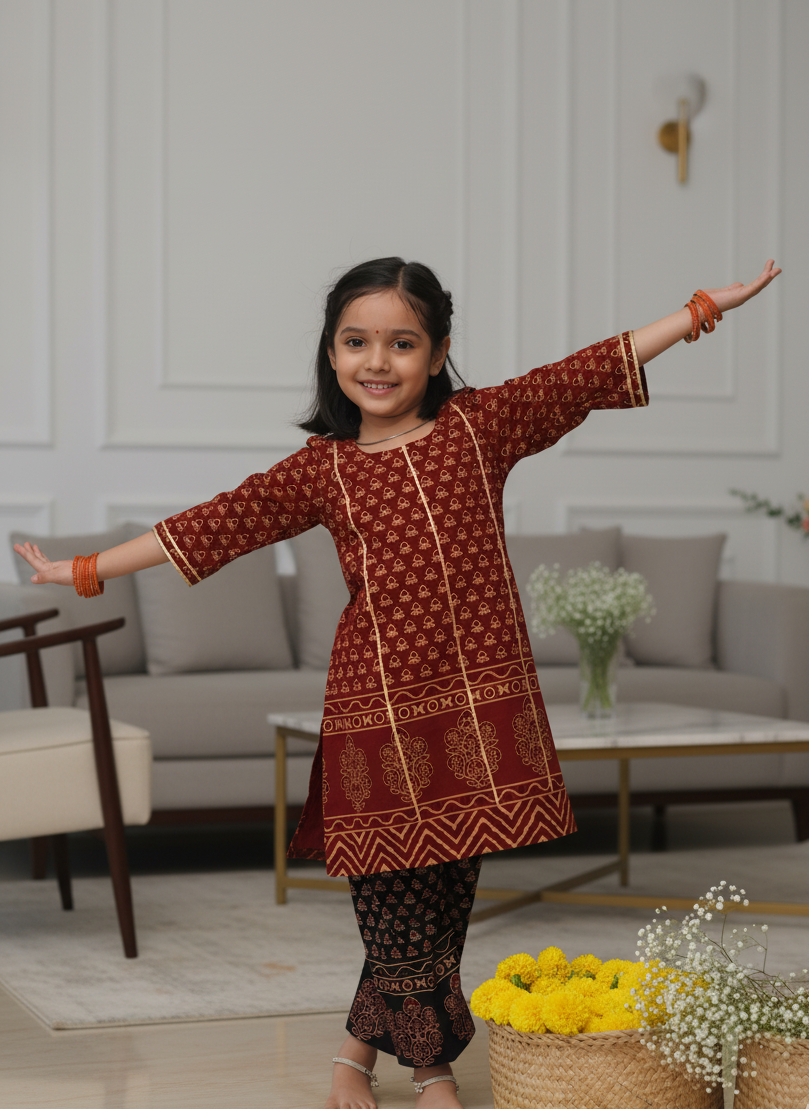Let her radiate grace in our handcrafted Ajrakh cotton kurta & trouser set, adorned with delicate gota details. ✨
Soft, airy & festive — designed for pure comfort and timeless charm, perfect for celebrations or special occasions.