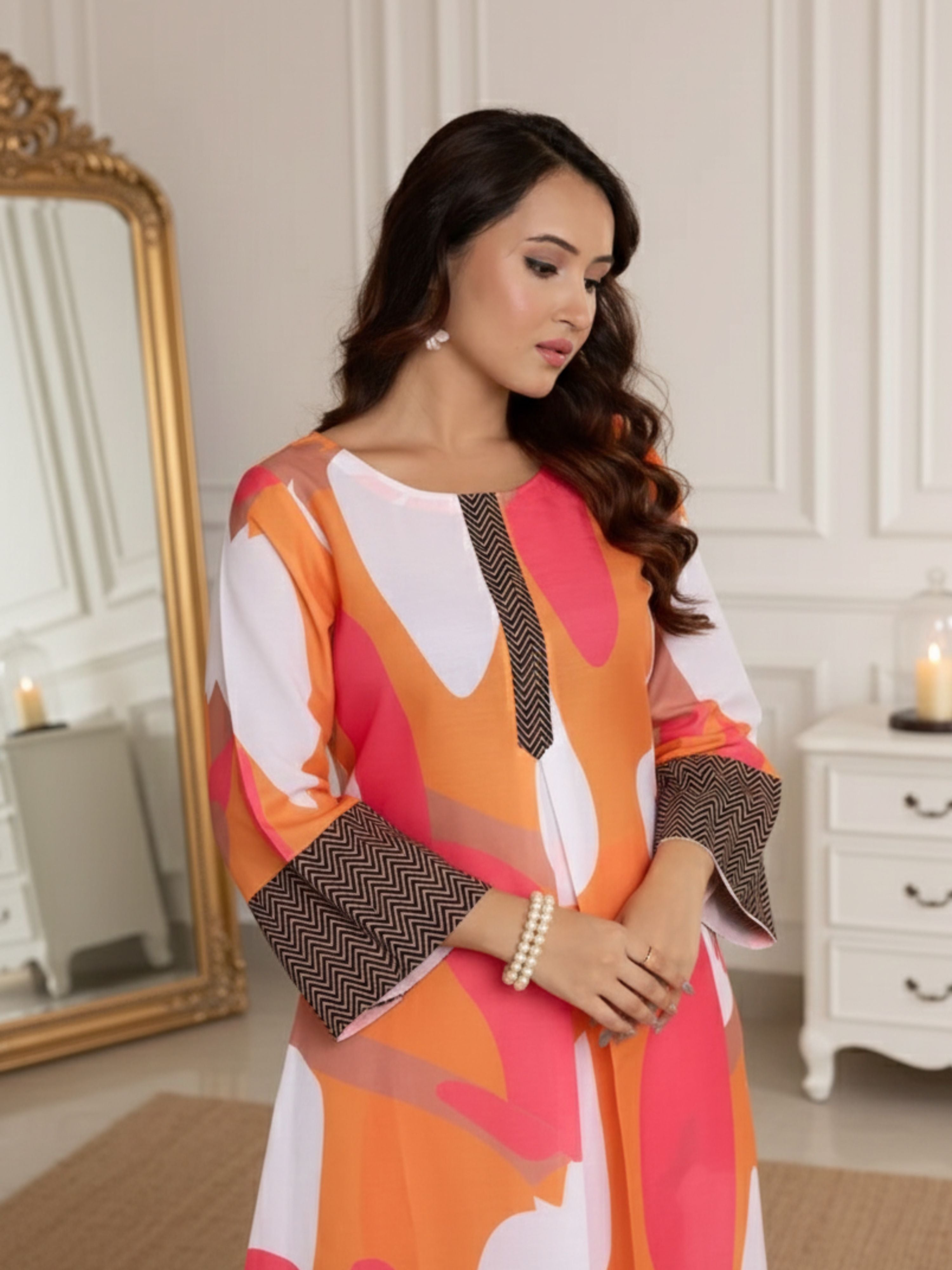 Abstract Canvas Co-Ord Set With Ajrakh Details