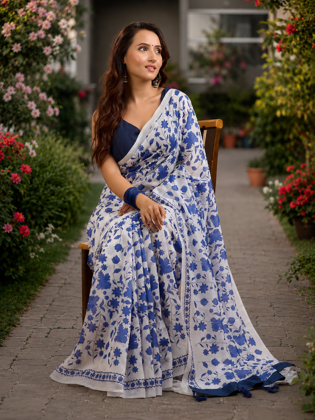 Aprajita -White And Blue Printed Chanderi Saree