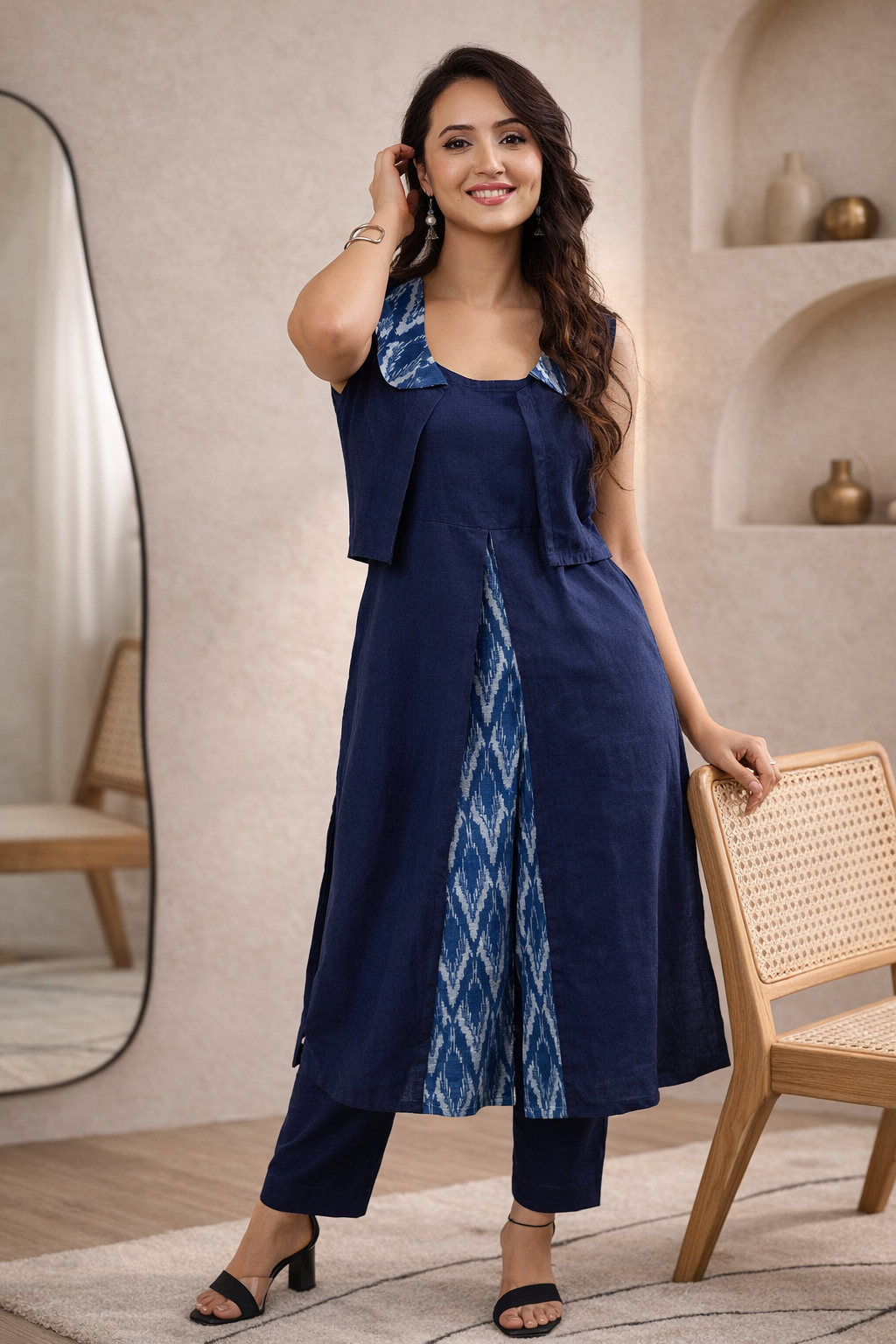 Aqua Veil Kurti Set with Bagru Collor and a Matching Jacket