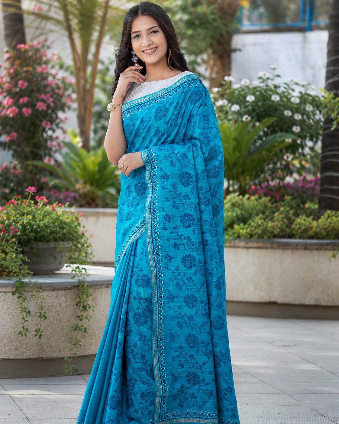 Creamy Skyful - Pure Ghicha Silk Block Print Saree