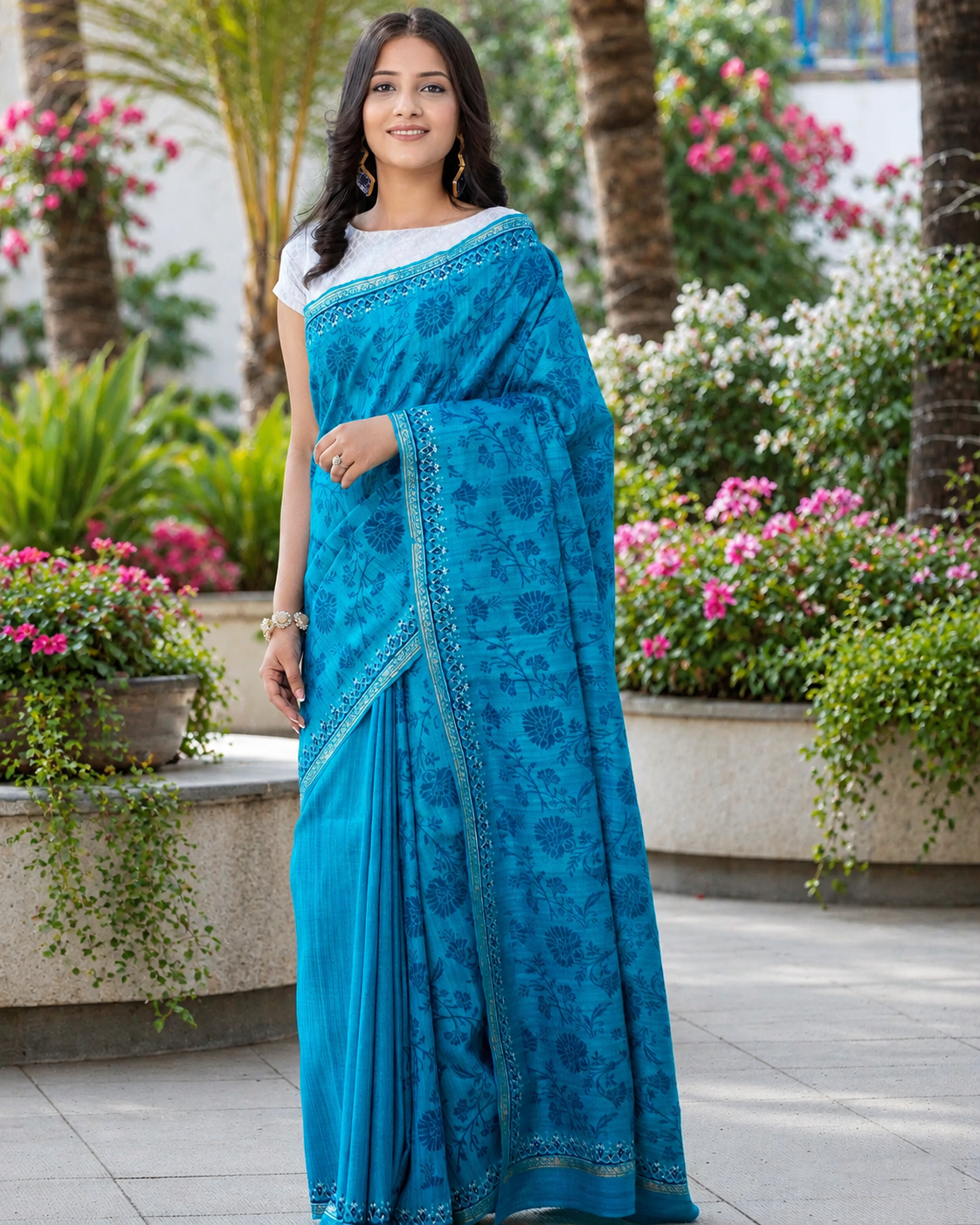 Creamy Skyful - Pure Ghicha Silk Block Print Saree