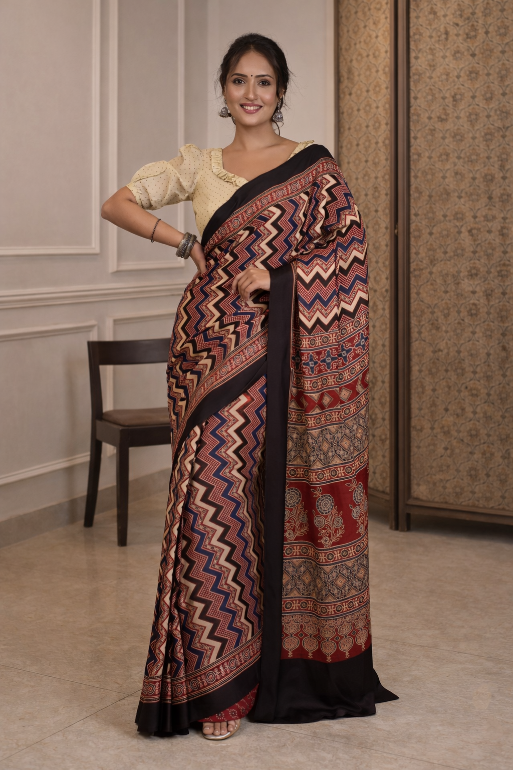 Crimson Charm Silk Modal Ajrakh Saree