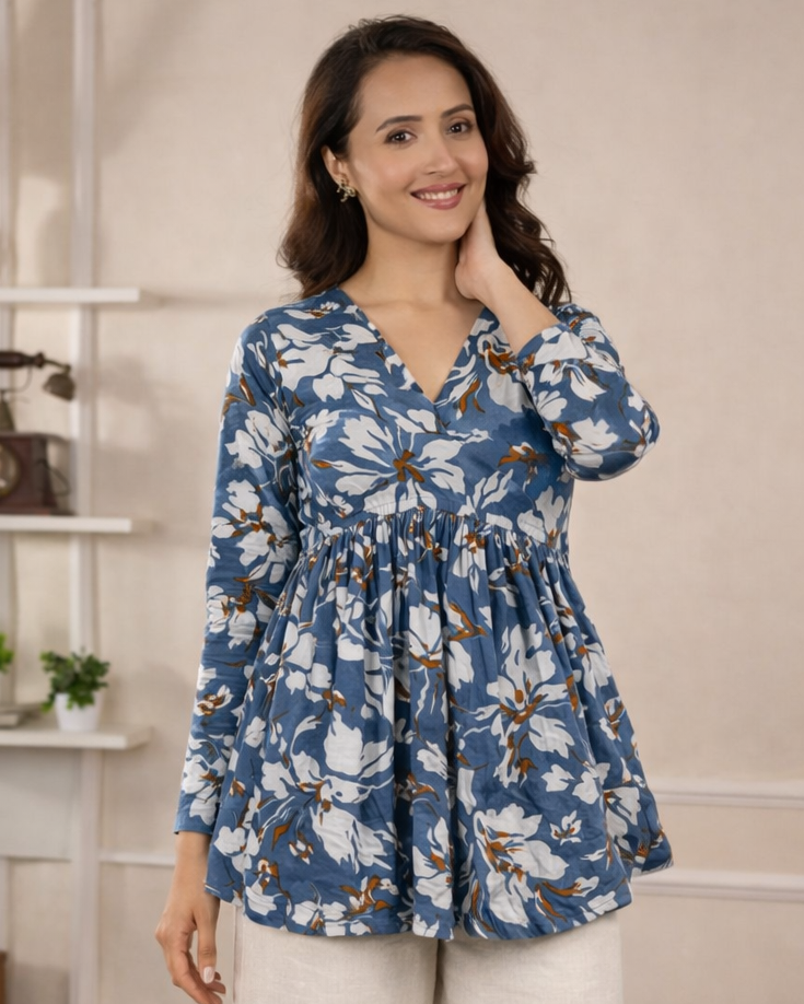 Elara Indigo Bloom Cotton Short Kurti