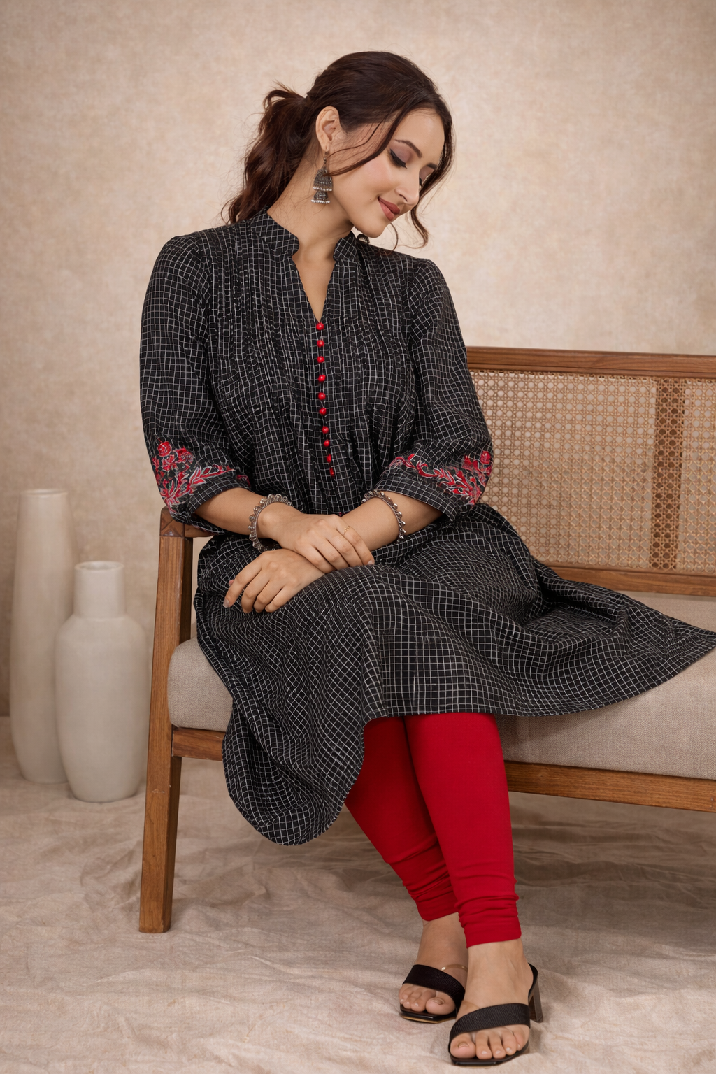 Embroidered Elegance Black Checks Pleated Kurti