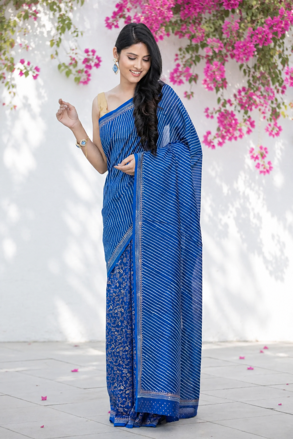 Ethnic Navy Chant - Chanderi Block Print Saree