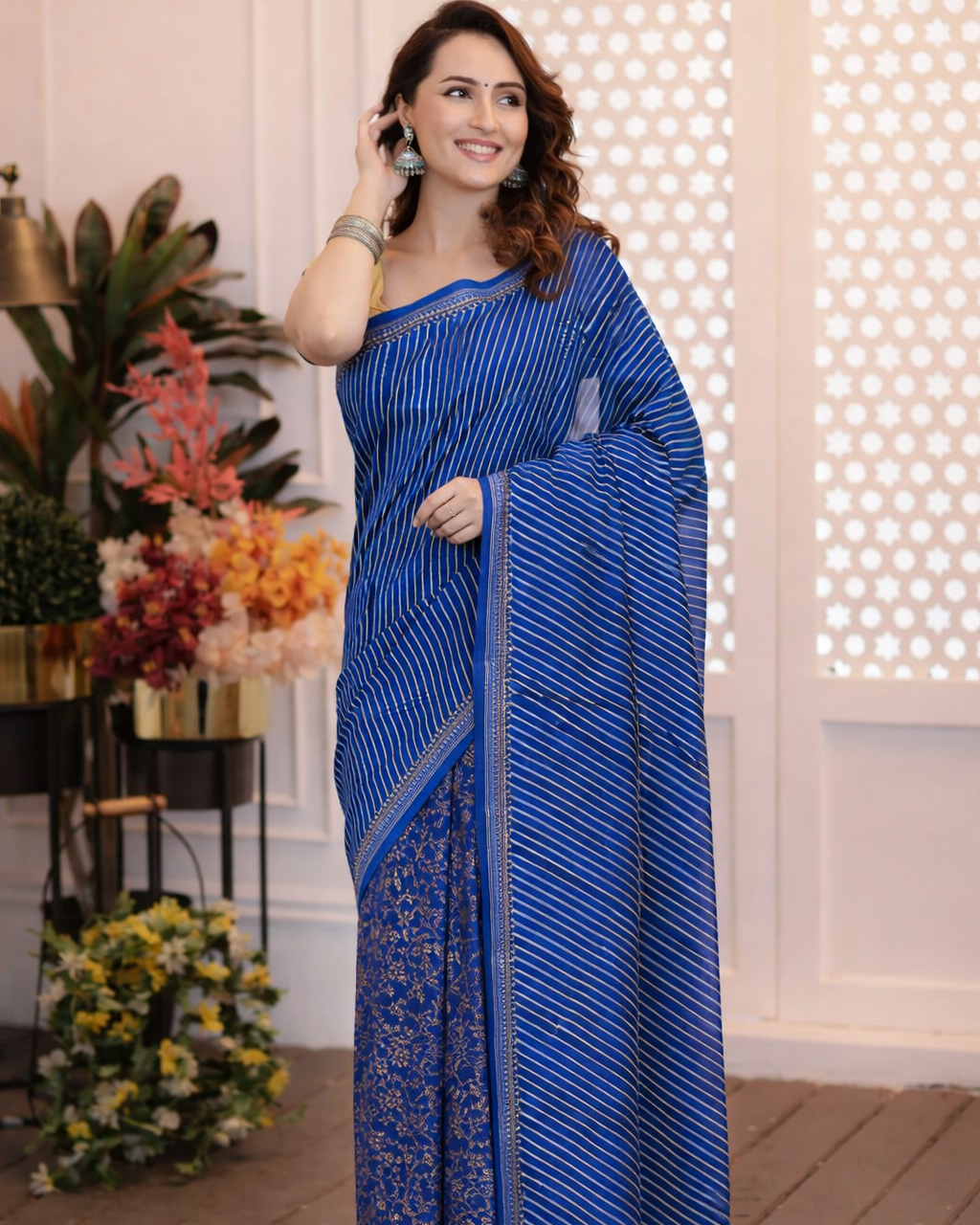Ethnic Navy Chant - Chanderi Block Print Saree