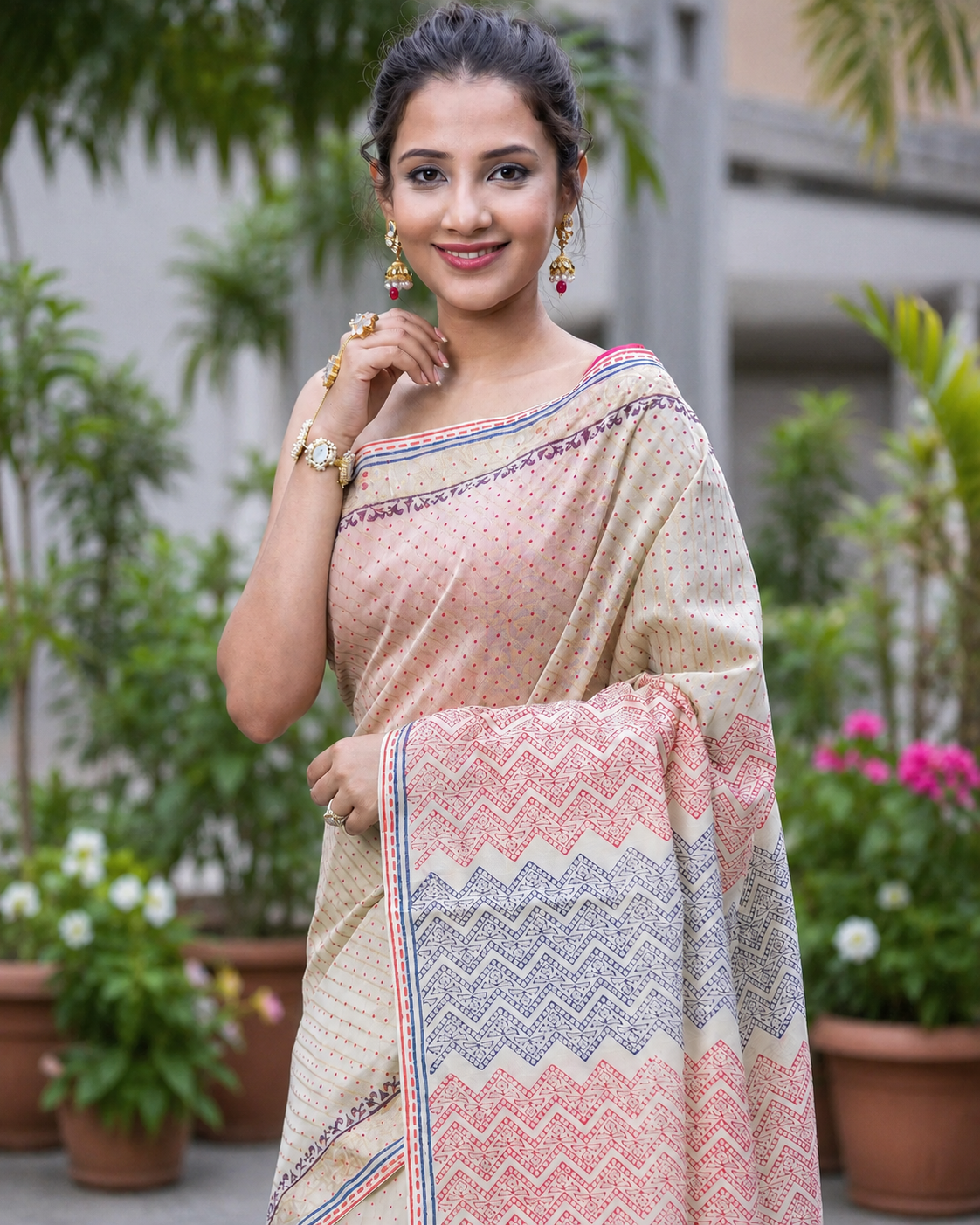 Faint & Creamy-Chanderi Block Print Saree