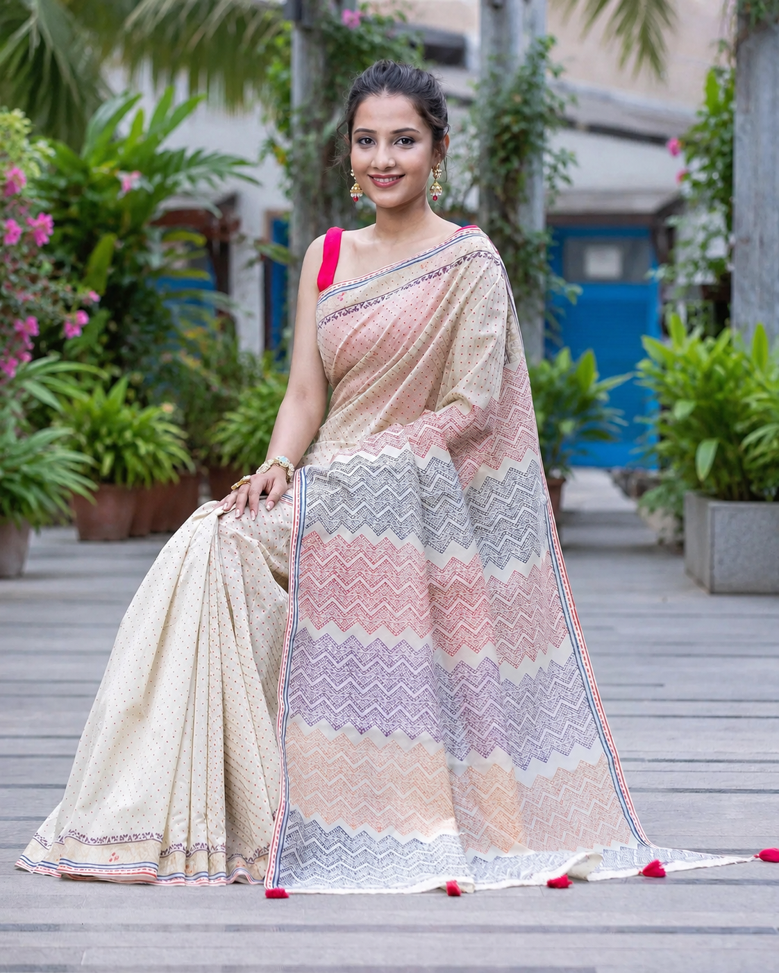 Faint & Creamy-Chanderi Block Print Saree