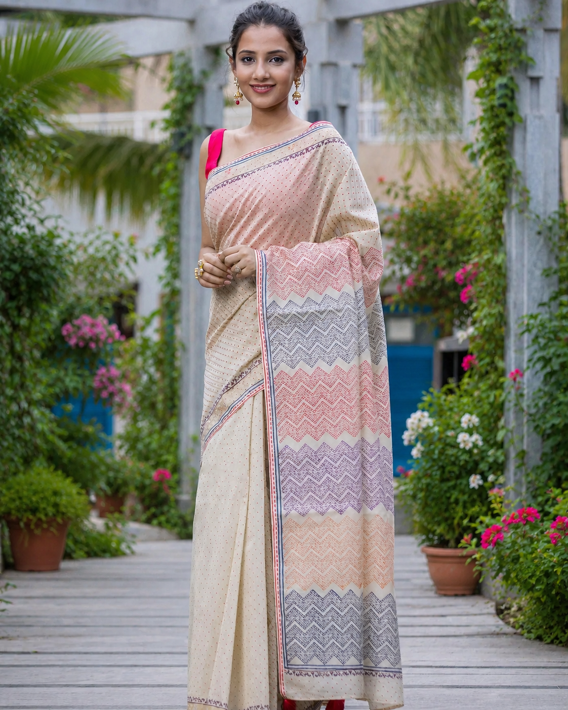 Faint & Creamy-Chanderi Block Print Saree