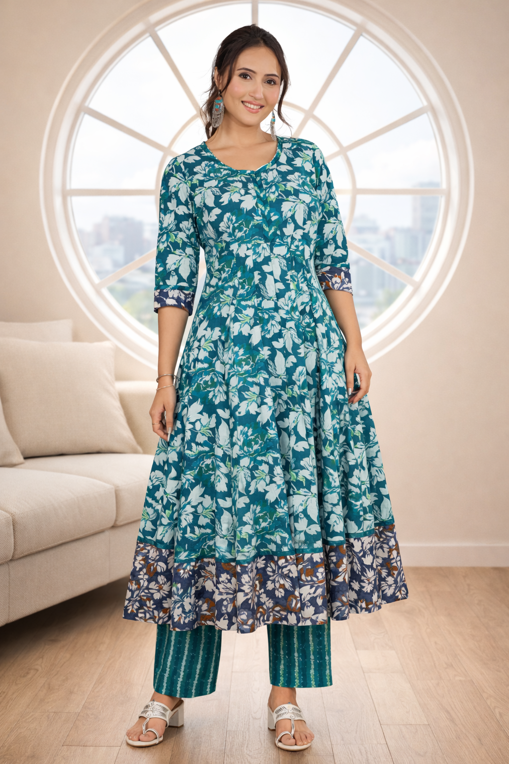 Flared Teal Fusion Cotton Kurti Set