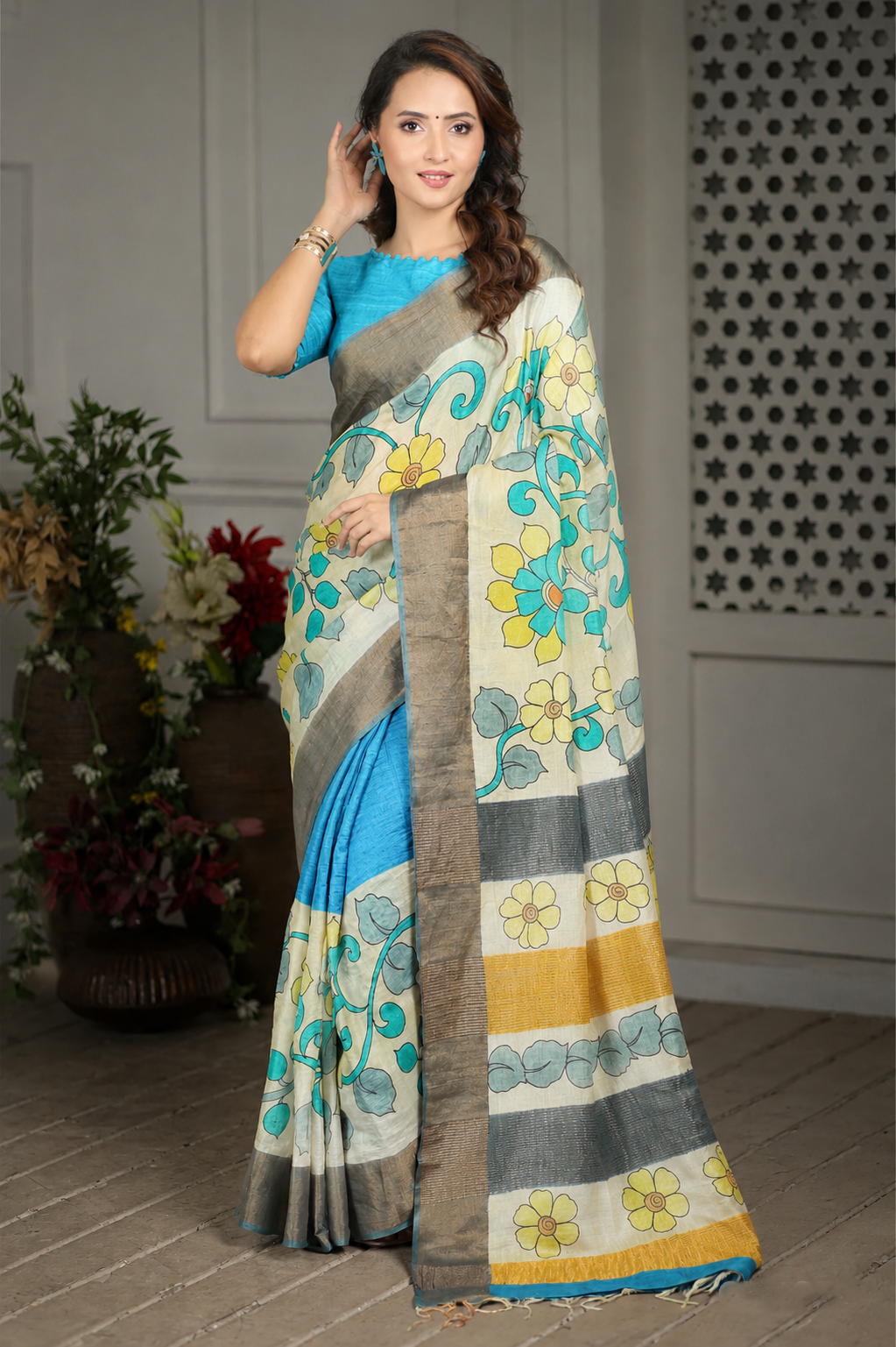 Forest Wild Kalamkari Tussar Silk Saree