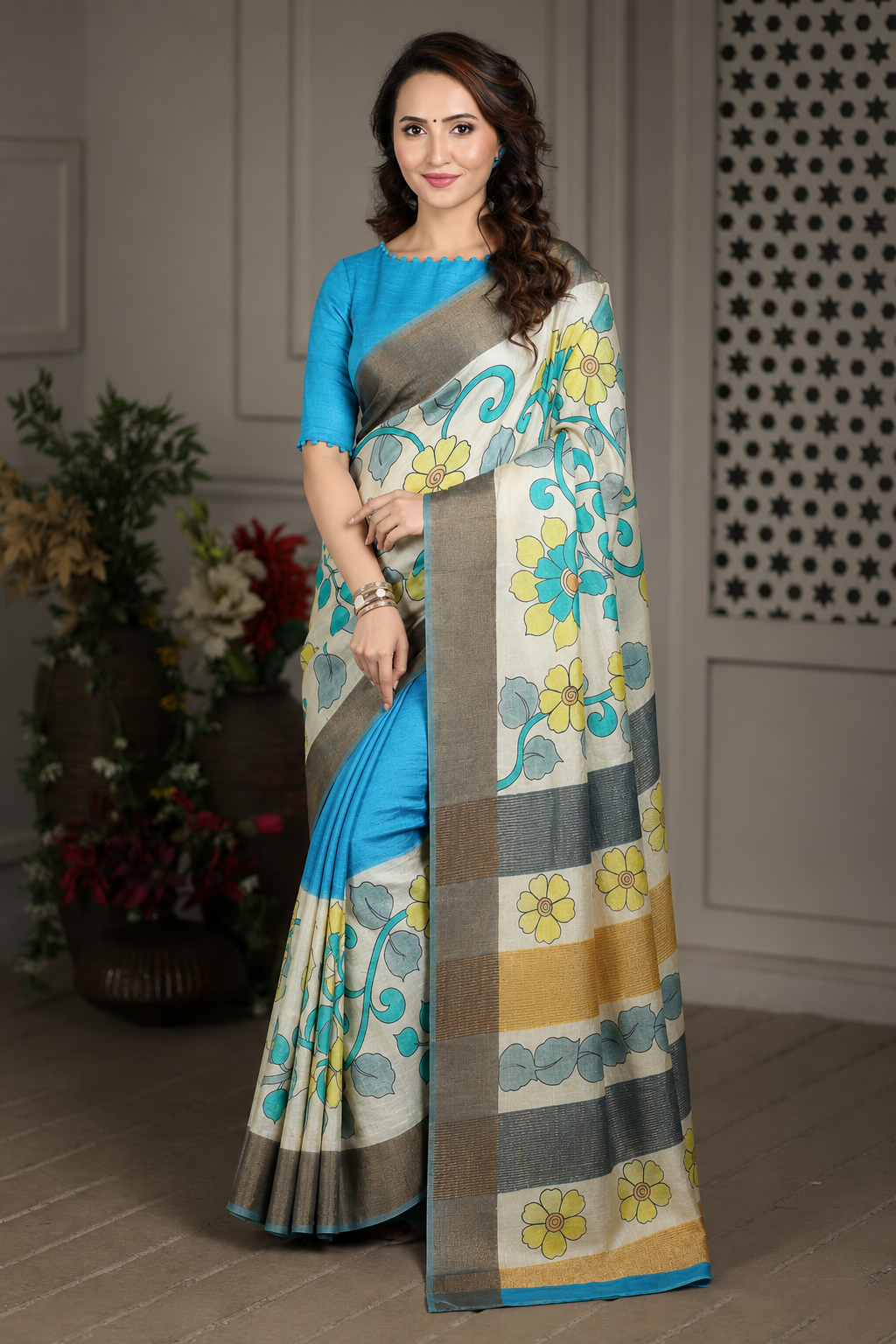 Forest Wild Kalamkari Tussar Silk Saree