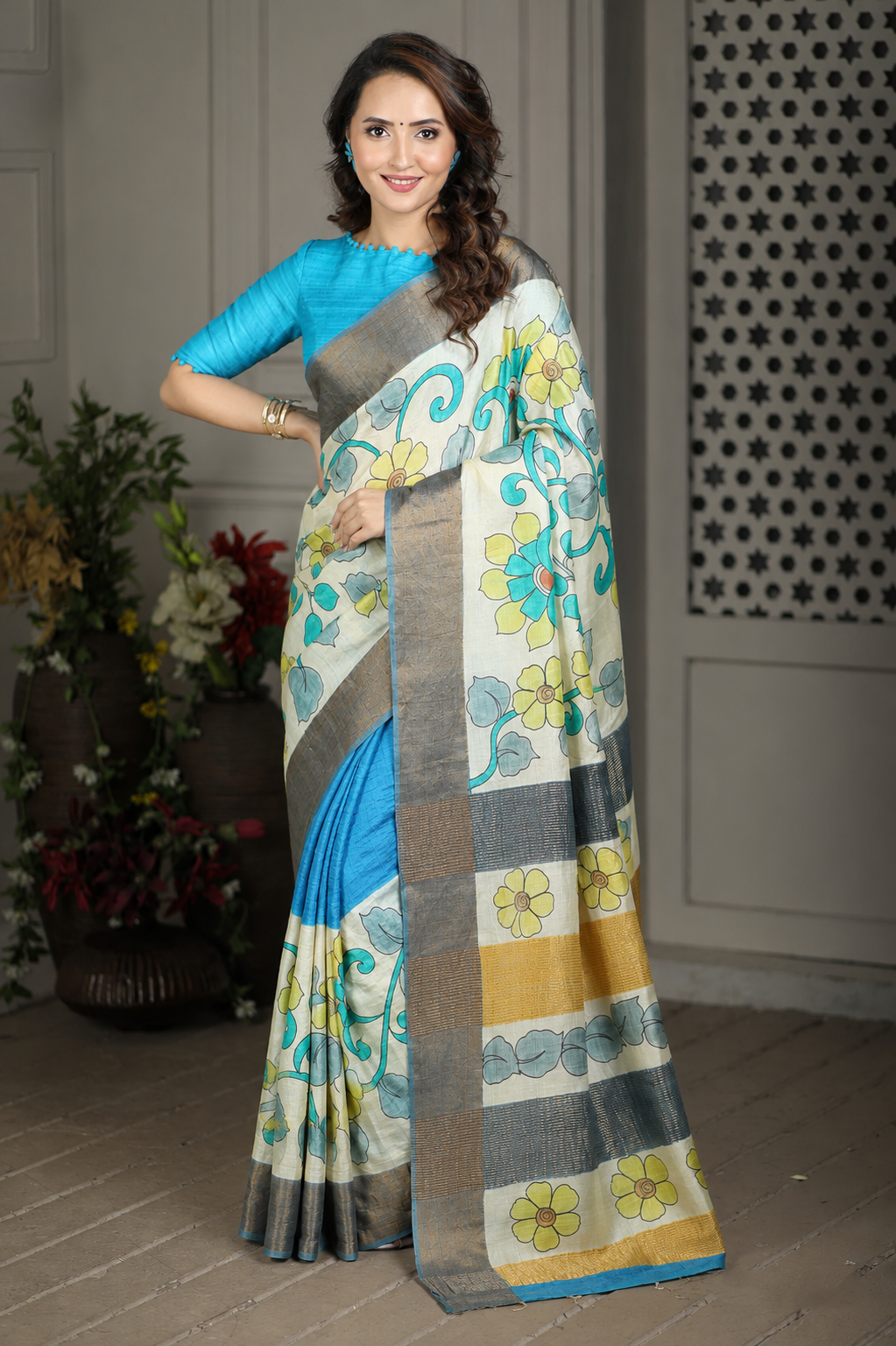 Forest Wild Kalamkari Tussar Silk Saree