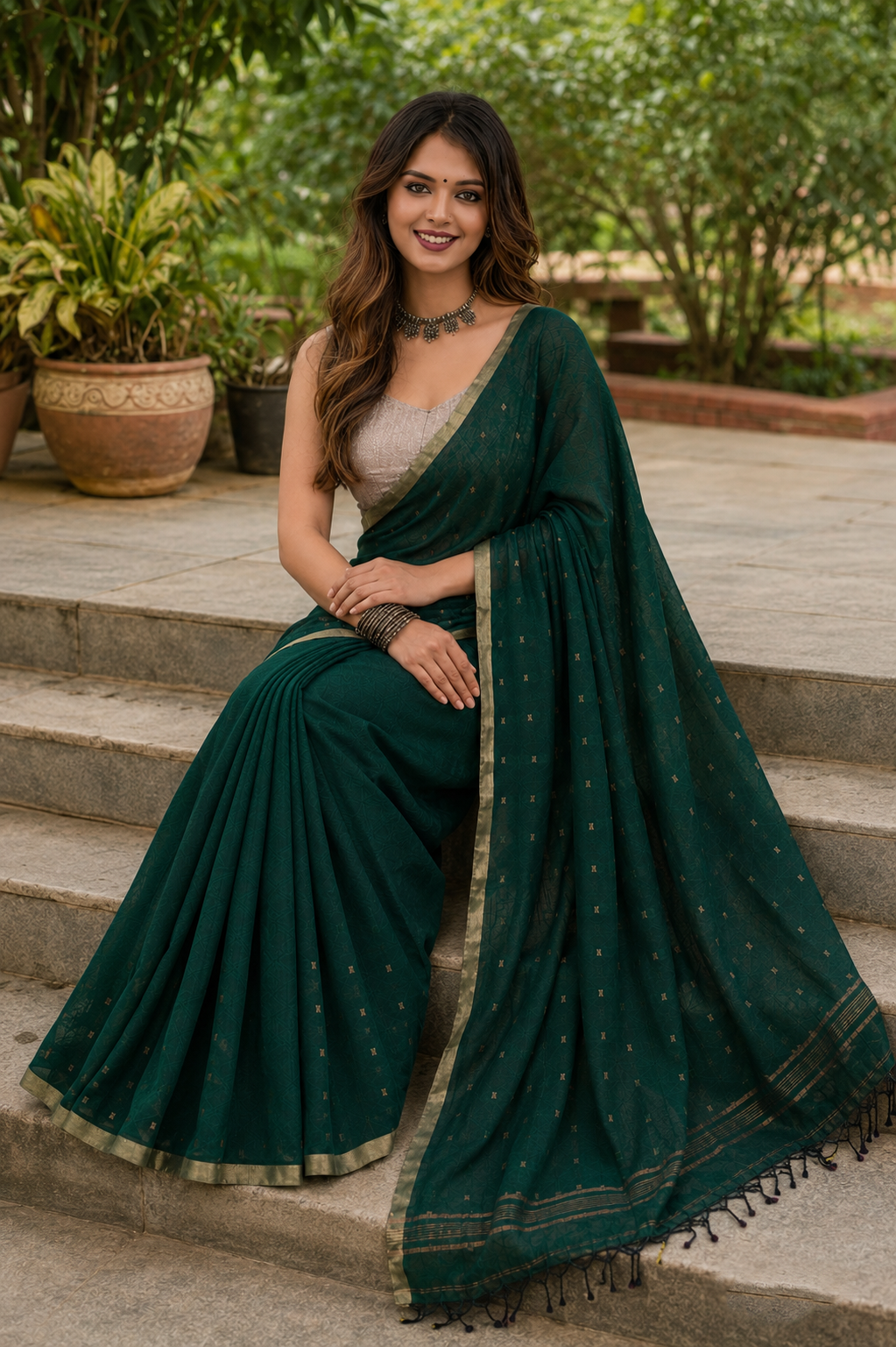 Forest Light-Mercerised Cotton Sequence Handwoven Saree