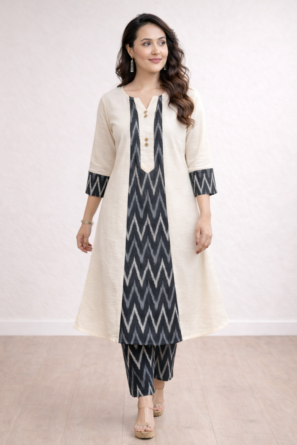 Ivory & Black Ikat A-Line Kurti Set