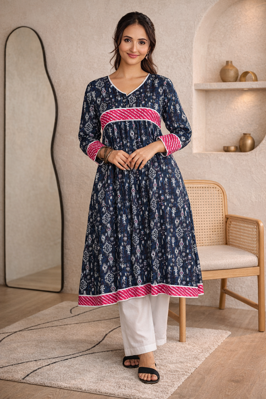 Navy Petal Leheriya Cotton Kurti