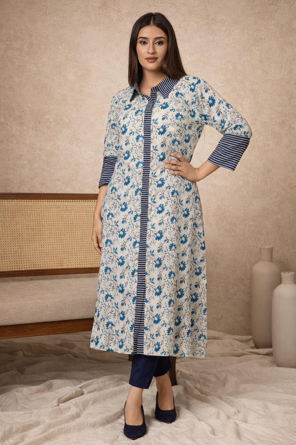 Blue Orchid Printed Kurti With Ajrakh Stripes