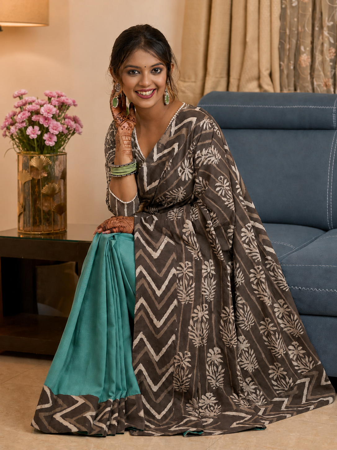 Powder Blue Bagru Fusion Delight Cotton Saree