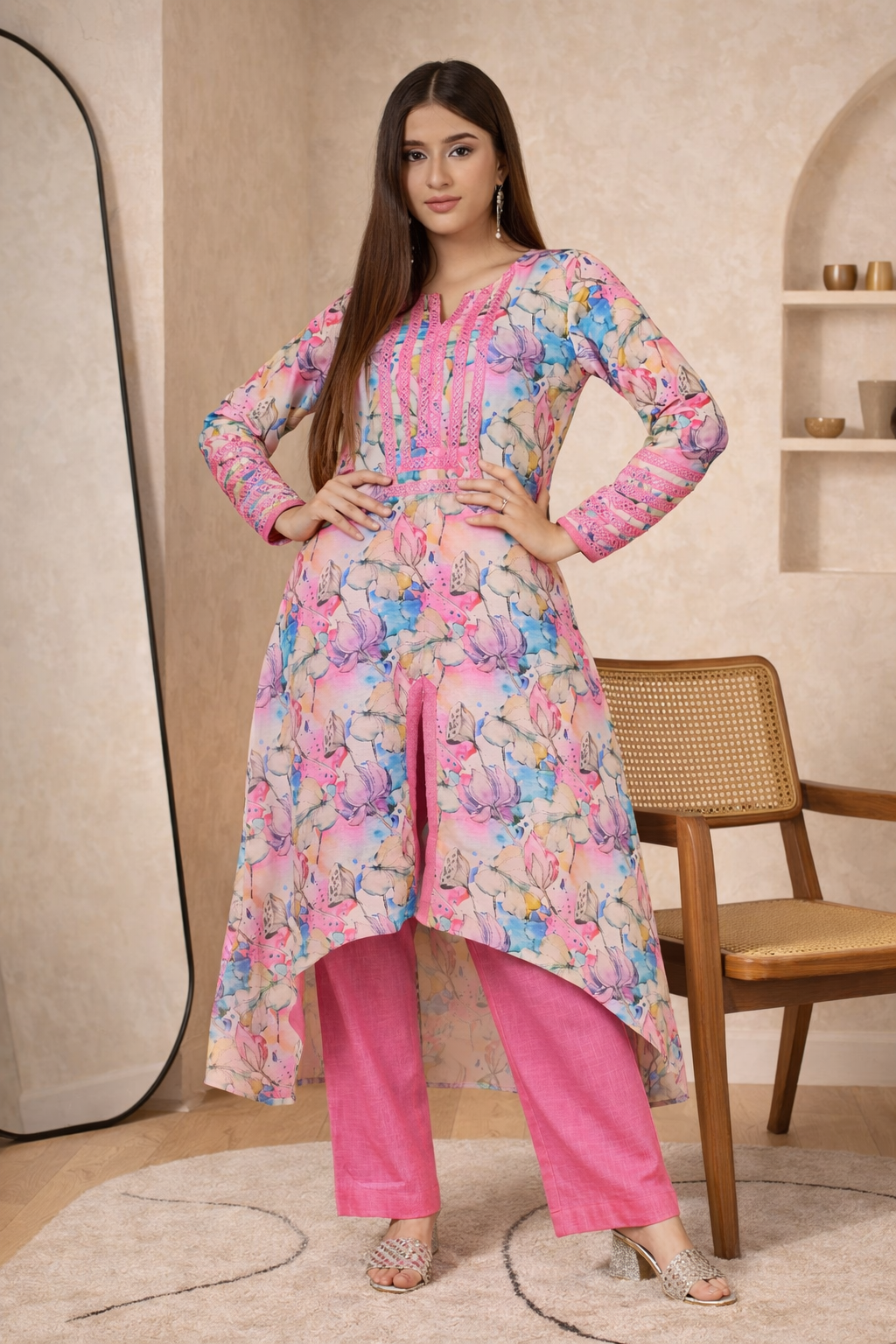 Rosette Garden Mirror-Embellished Kurta Set
