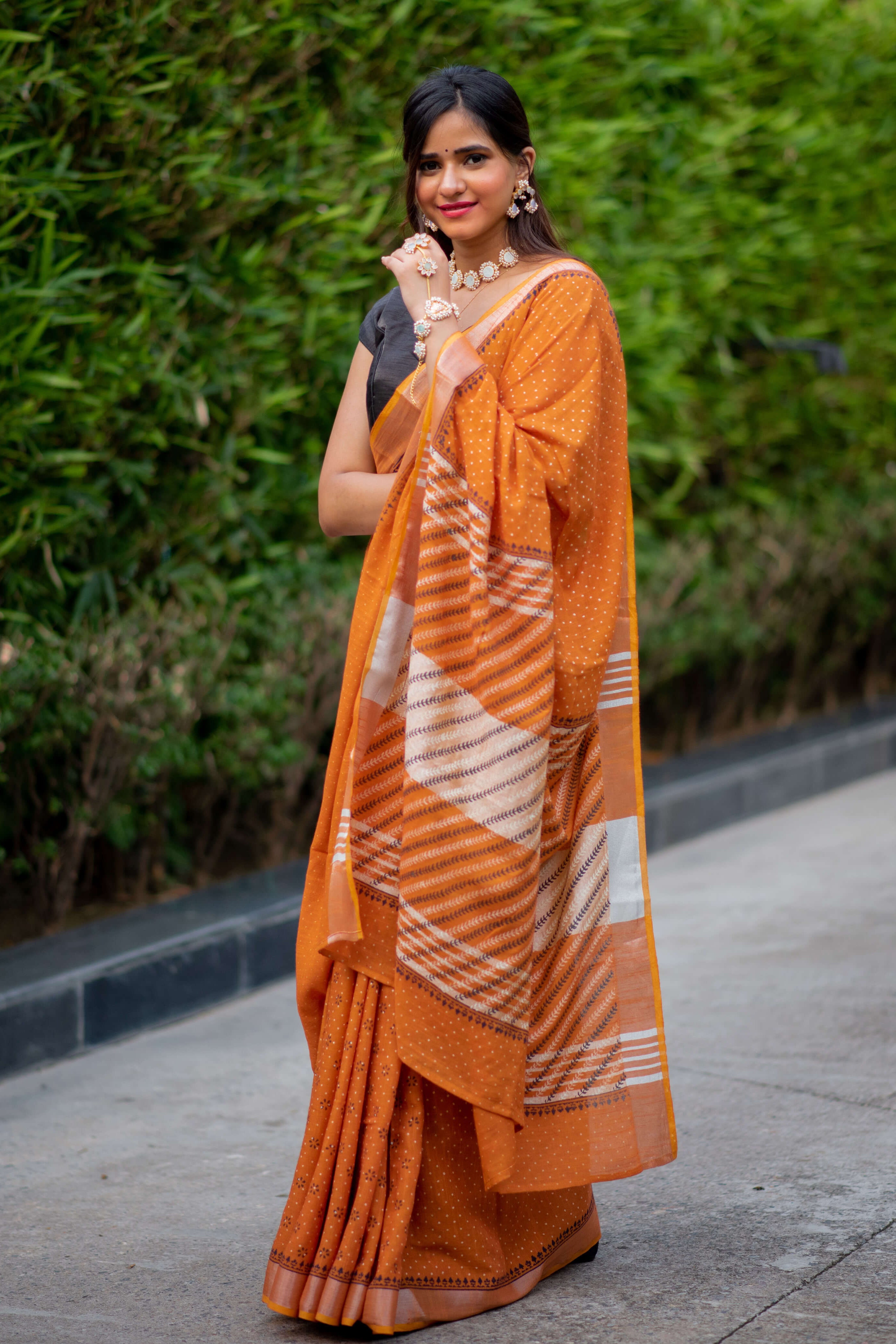 Cinnamon Light Cotton handblock print Saree Prasamcrafts Handcrafted Festive Workwear Dailywear