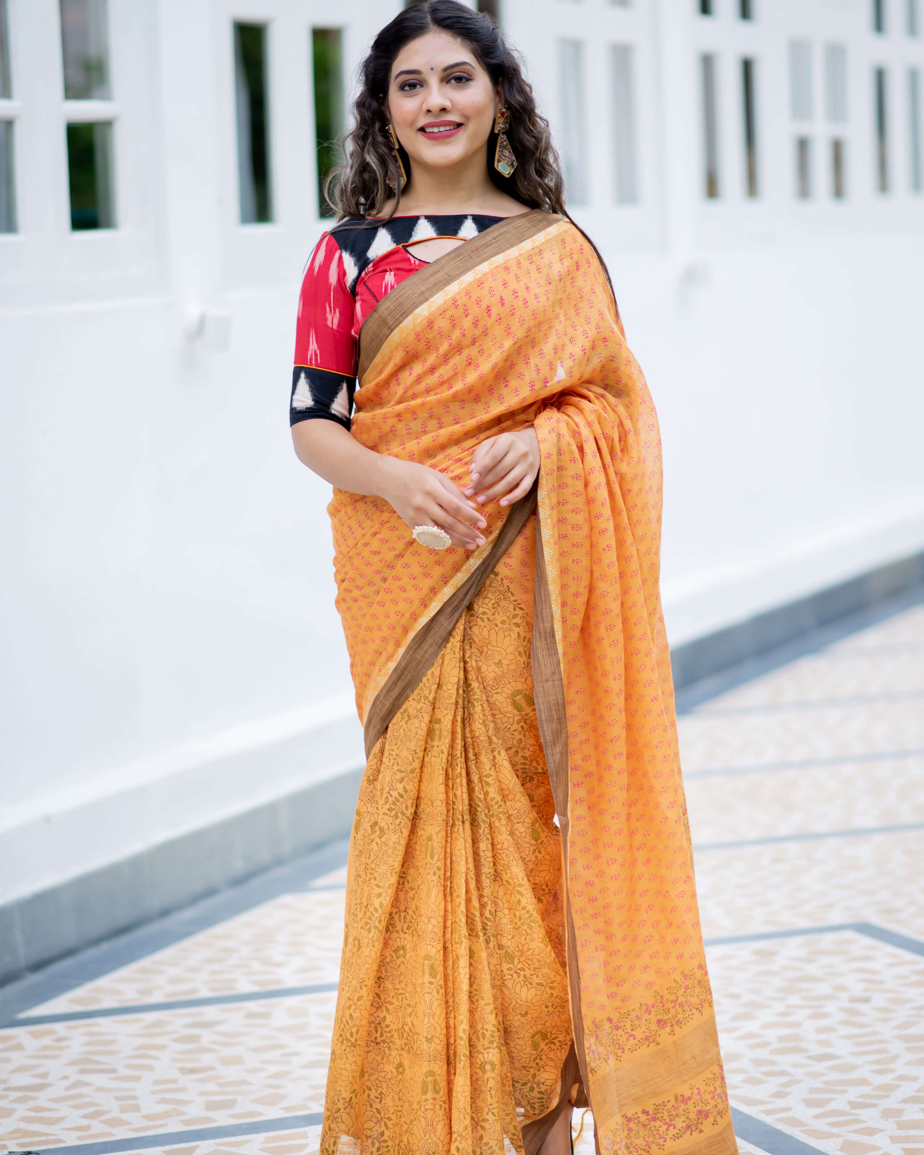 Summer Sunset Linen Handblock print Saree Prasamcrafts Handcrafted Festive Workwear Dailywear