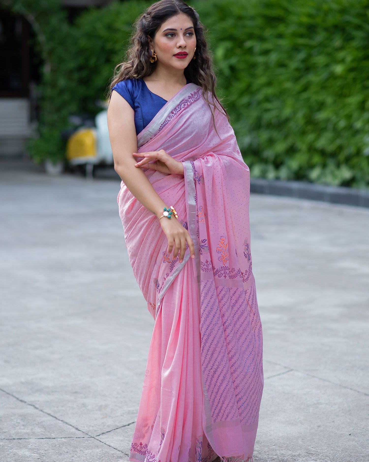Scented Rose Glow- Handwoven Hand Block Print Saree Prasam Crafts