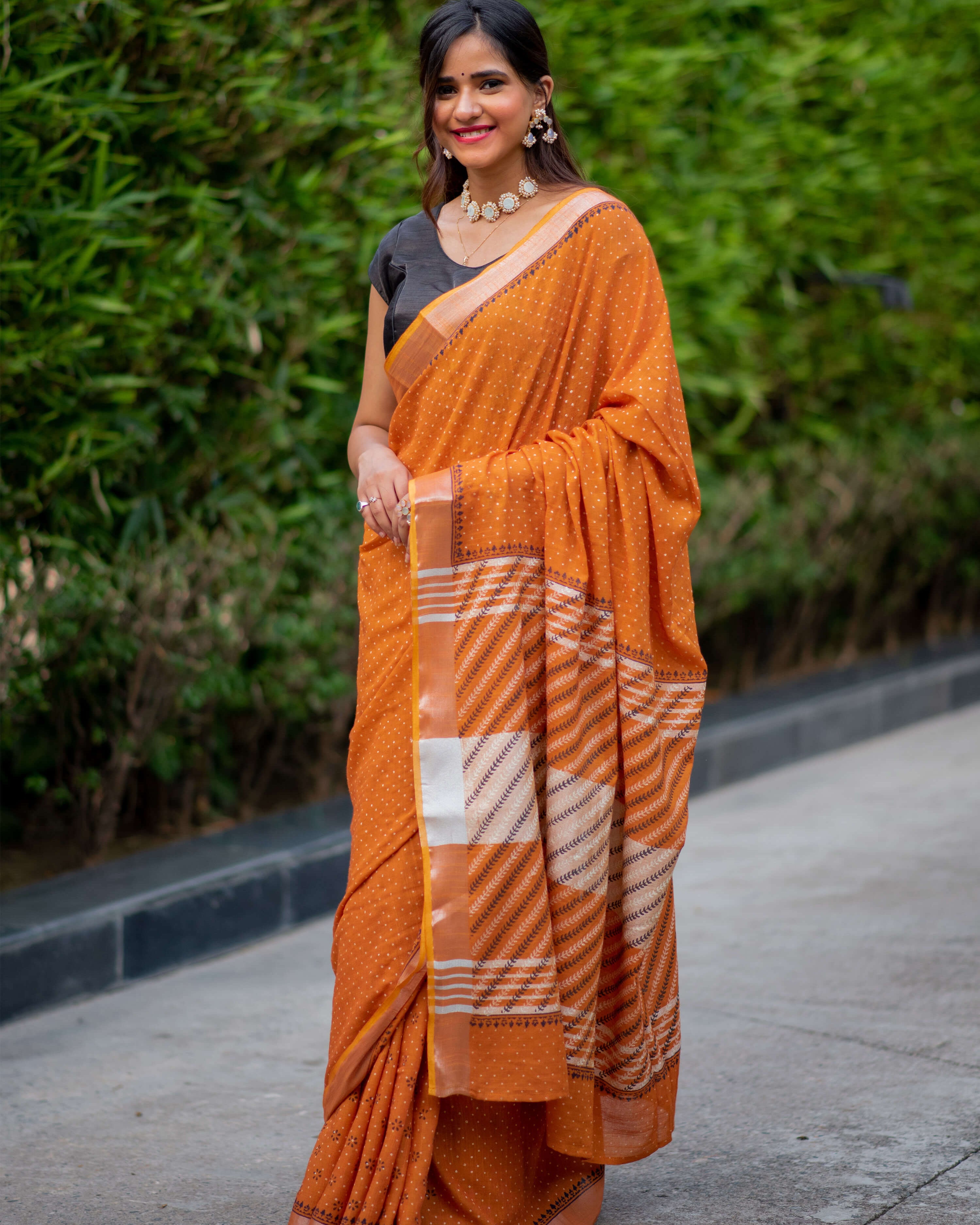 Cinnamon Light Cotton handblock print Saree Prasamcrafts Handcrafted Festive Workwear Dailywear
