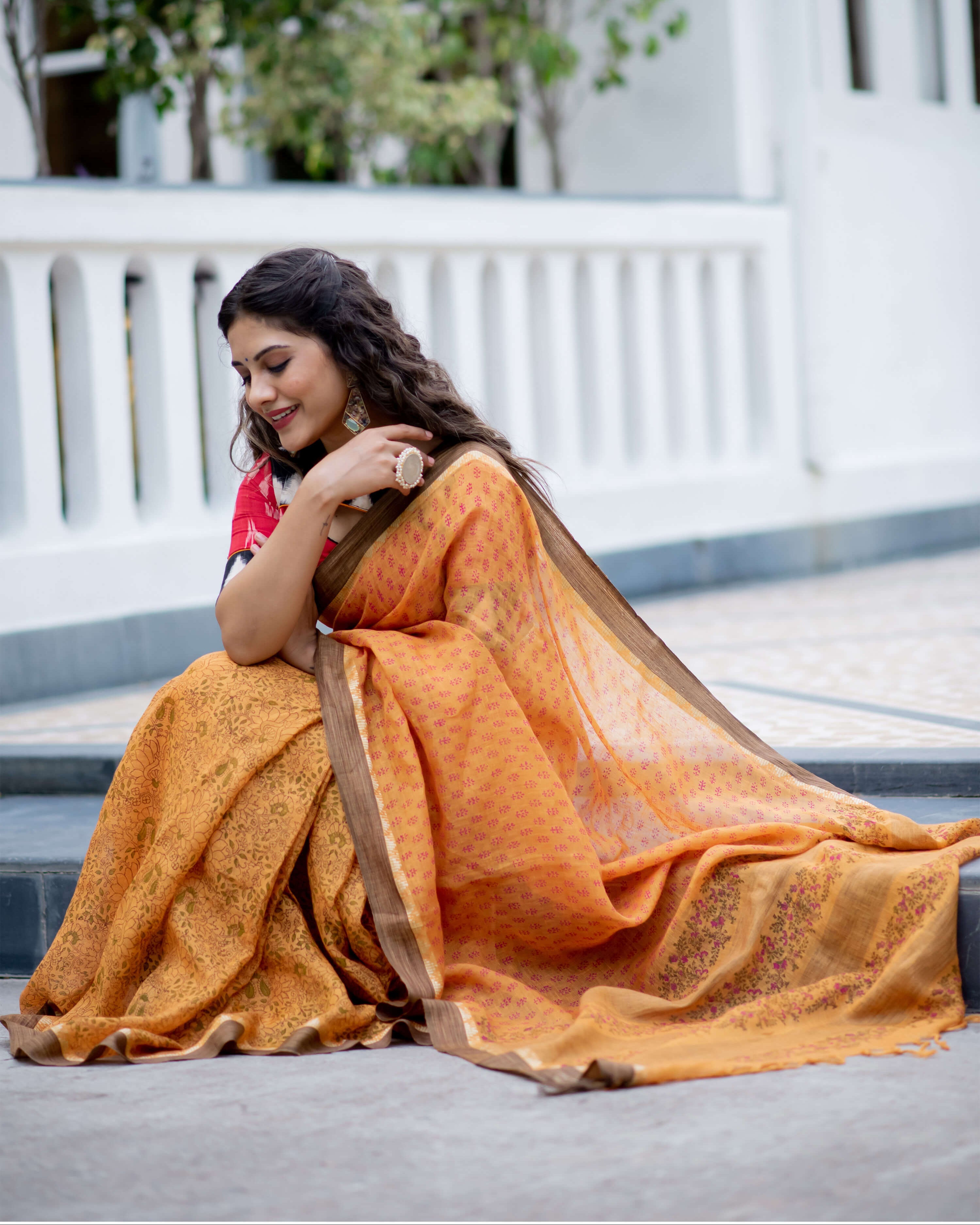 Summer Sunset Linen Handblock print Saree Prasamcrafts Handcrafted Festive Workwear Dailywear