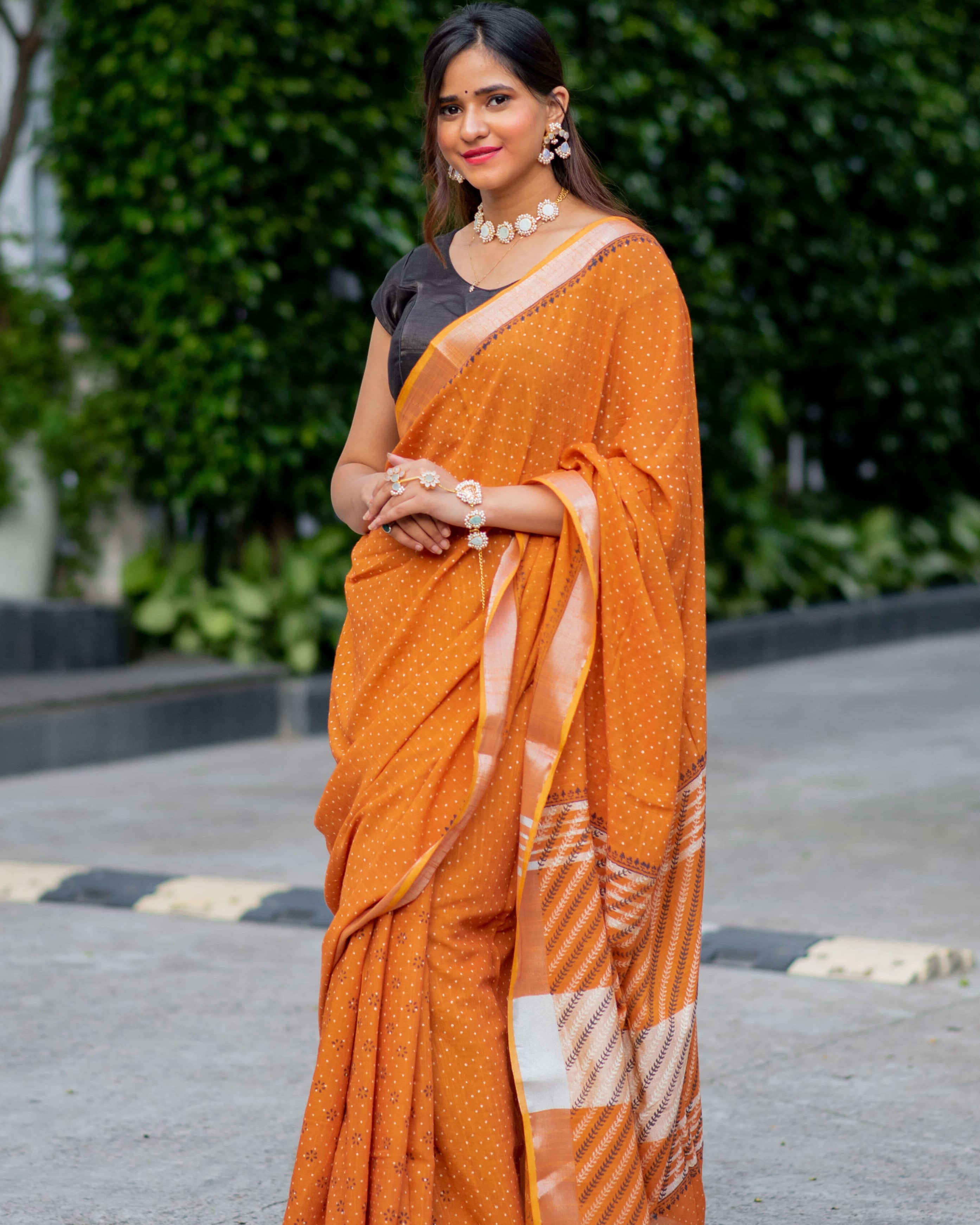 Cinnamon Light Cotton handblock print Saree Prasamcrafts Handcrafted Festive Workwear Dailywear