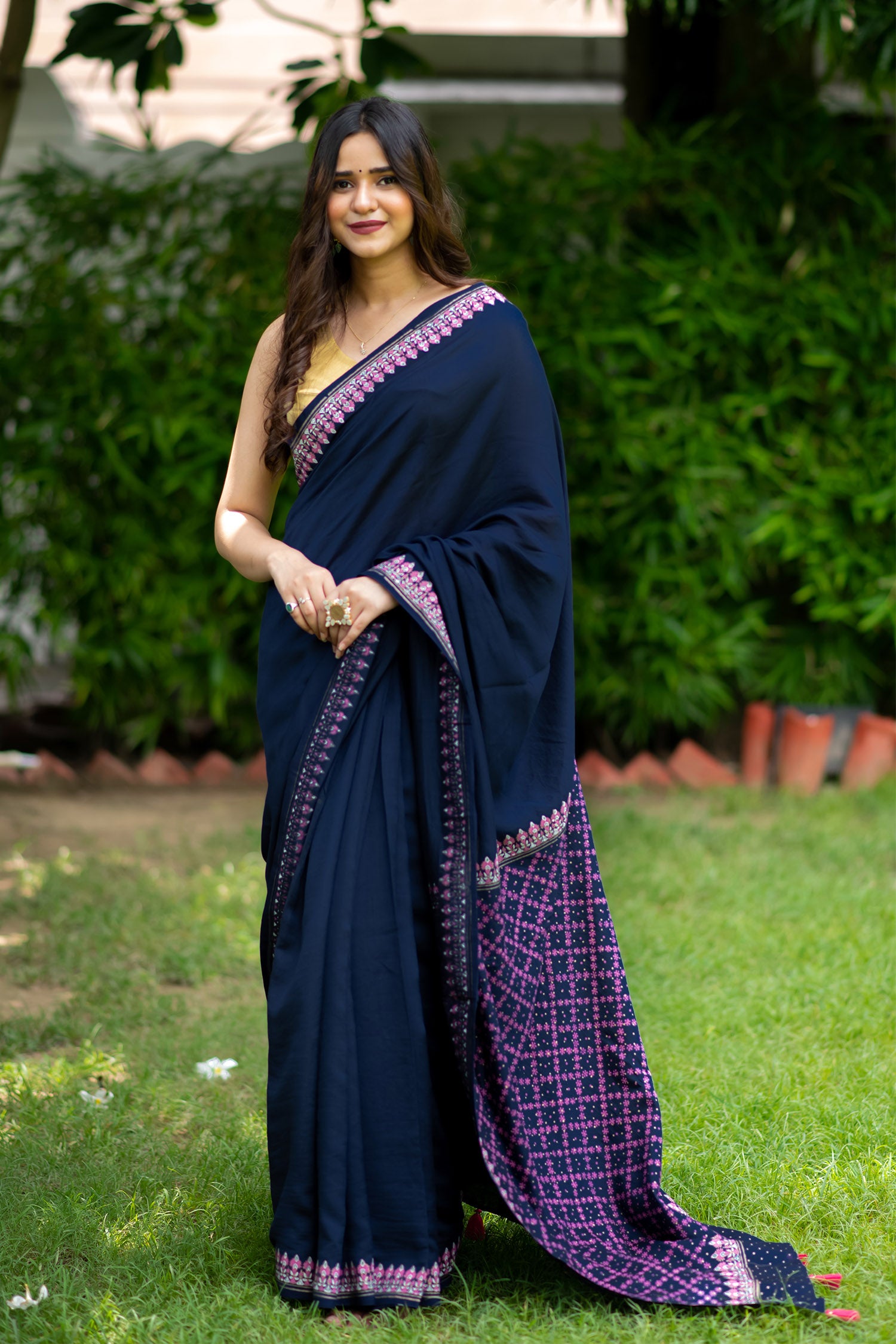 BloomingJingle Silk Modal handblock print Saree Prasamcrafts  Handcrafted festivewear