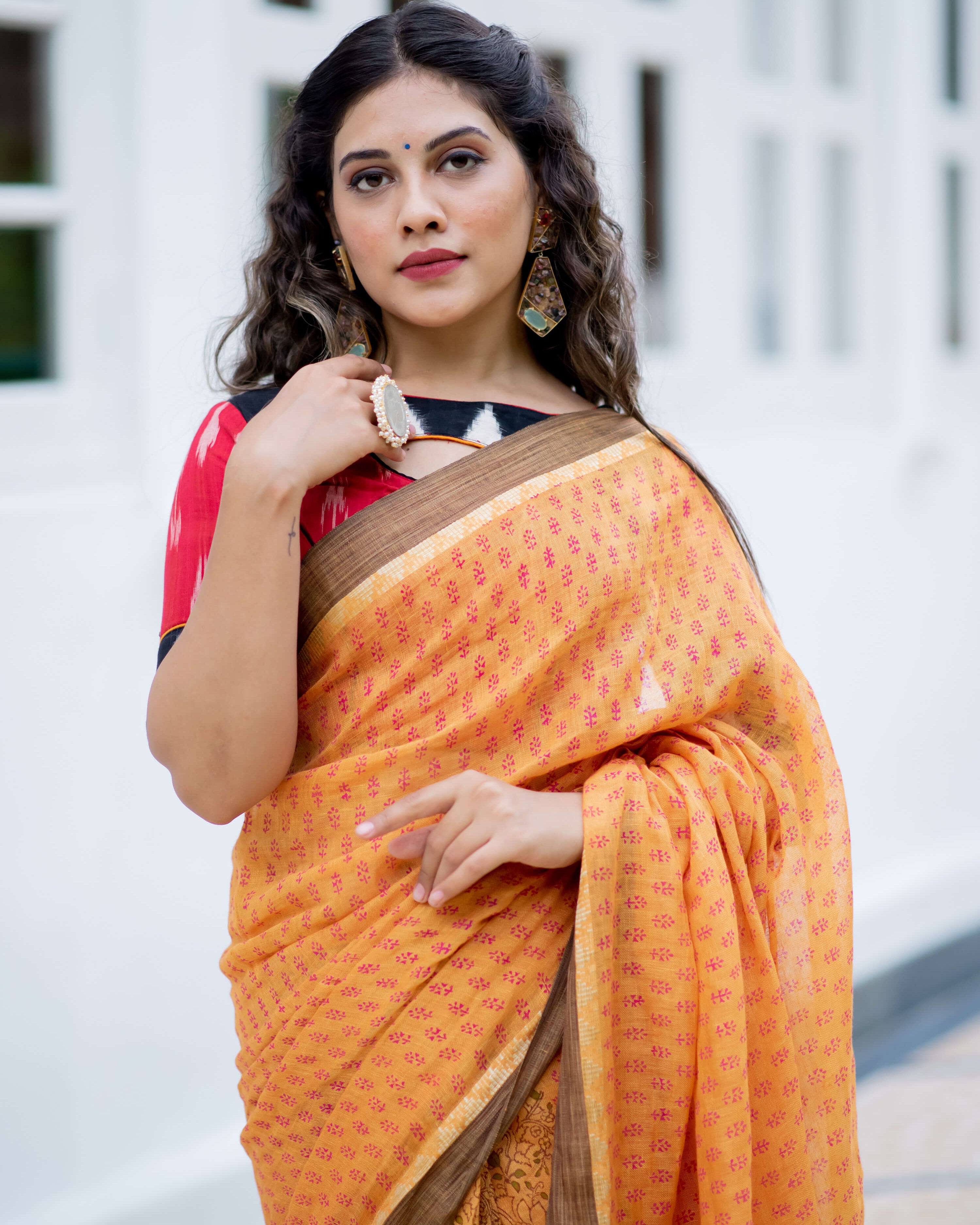 Summer Sunset Linen Handblock print Saree Prasamcrafts Handcrafted Festive Workwear Dailywear