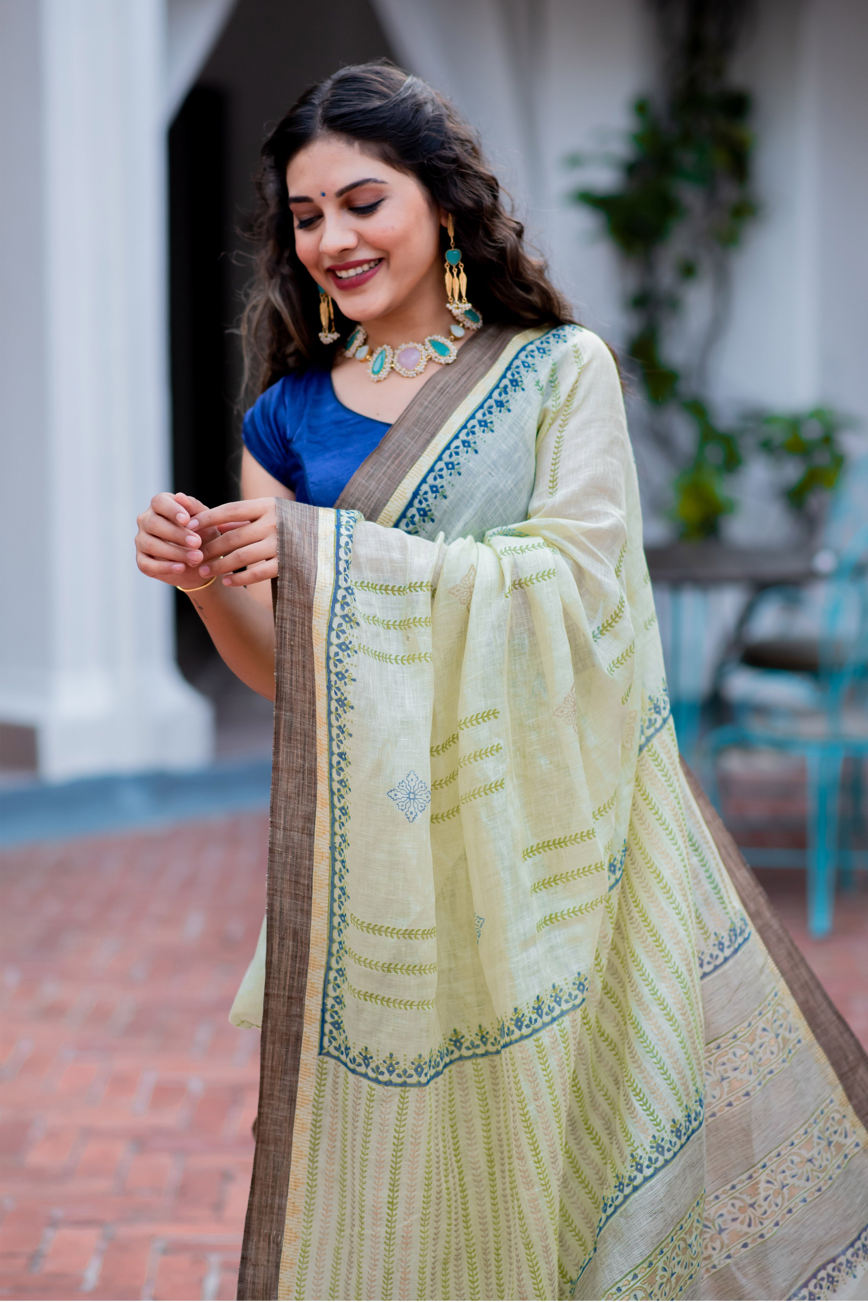 Muted Glory Linen Handblock print Saree Prasamcrafts Handcrafted Festive Workwear Dailywear