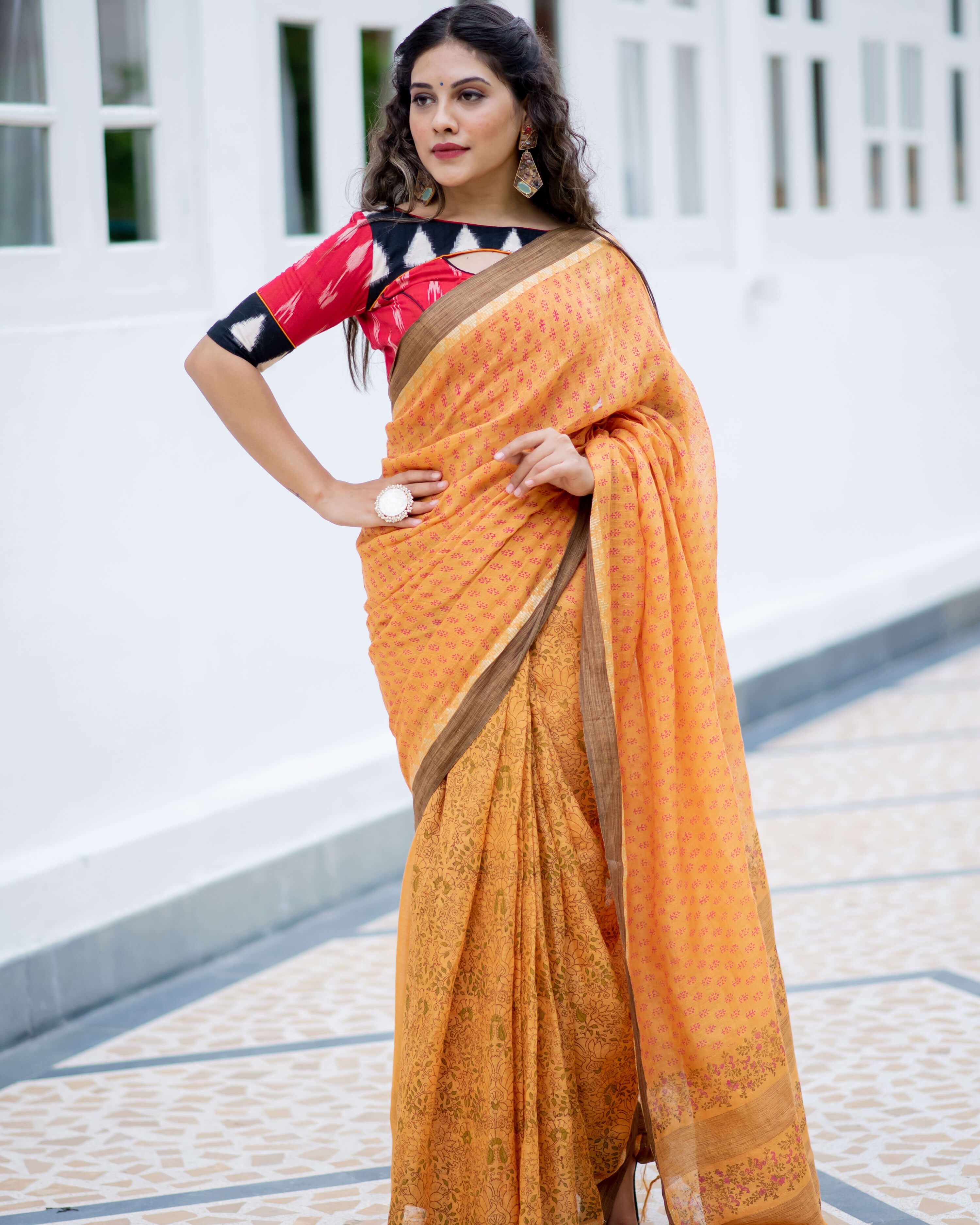 Summer Sunset Linen Handblock print Saree Prasamcrafts Handcrafted Festive Workwear Dailywear