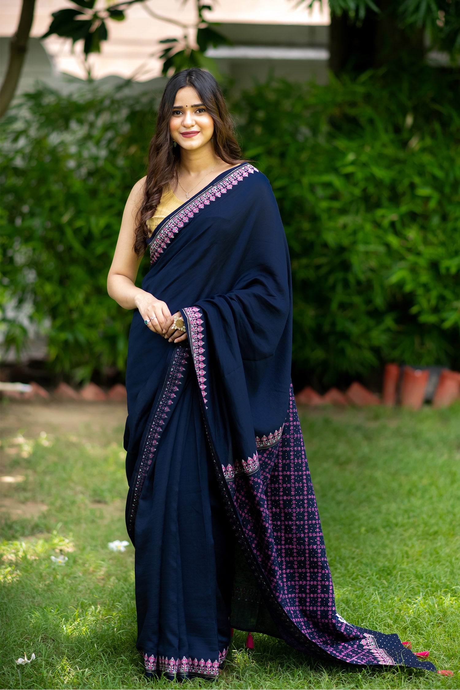BloomingJingle Silk Modal handblock print Saree Prasamcrafts  Handcrafted festivewear