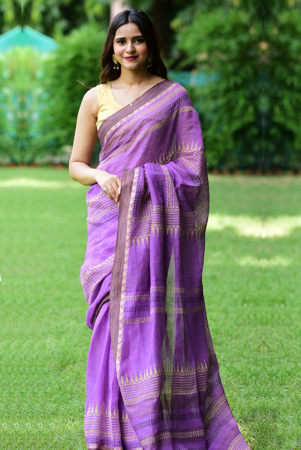 Purple Glow Linen Handblock print Saree Prasamcrafts Handcrafted Festive Workwear Dailywear