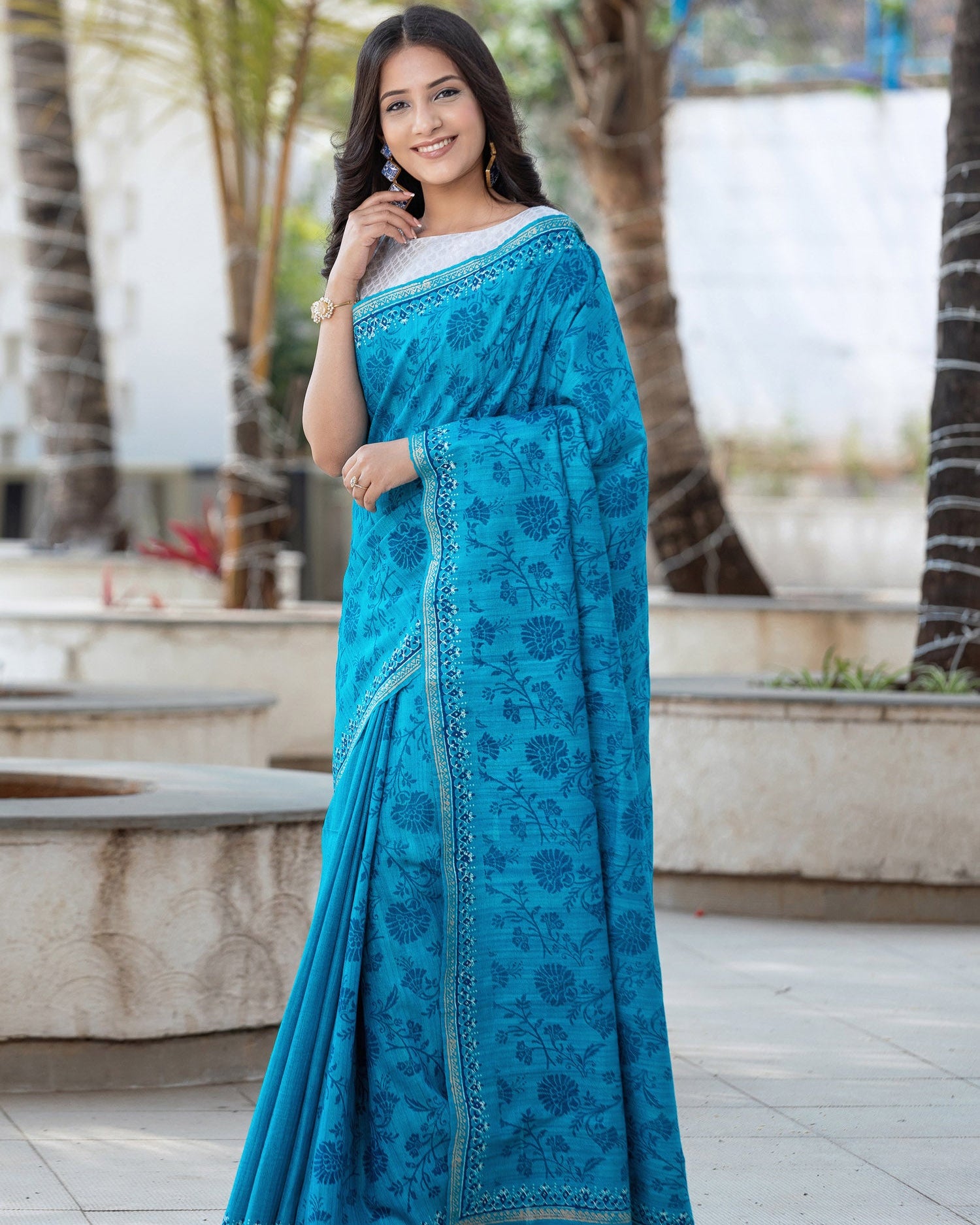 Creamy Skyful - Pure Ghicha Silk Block Print Saree Prasam Crafts