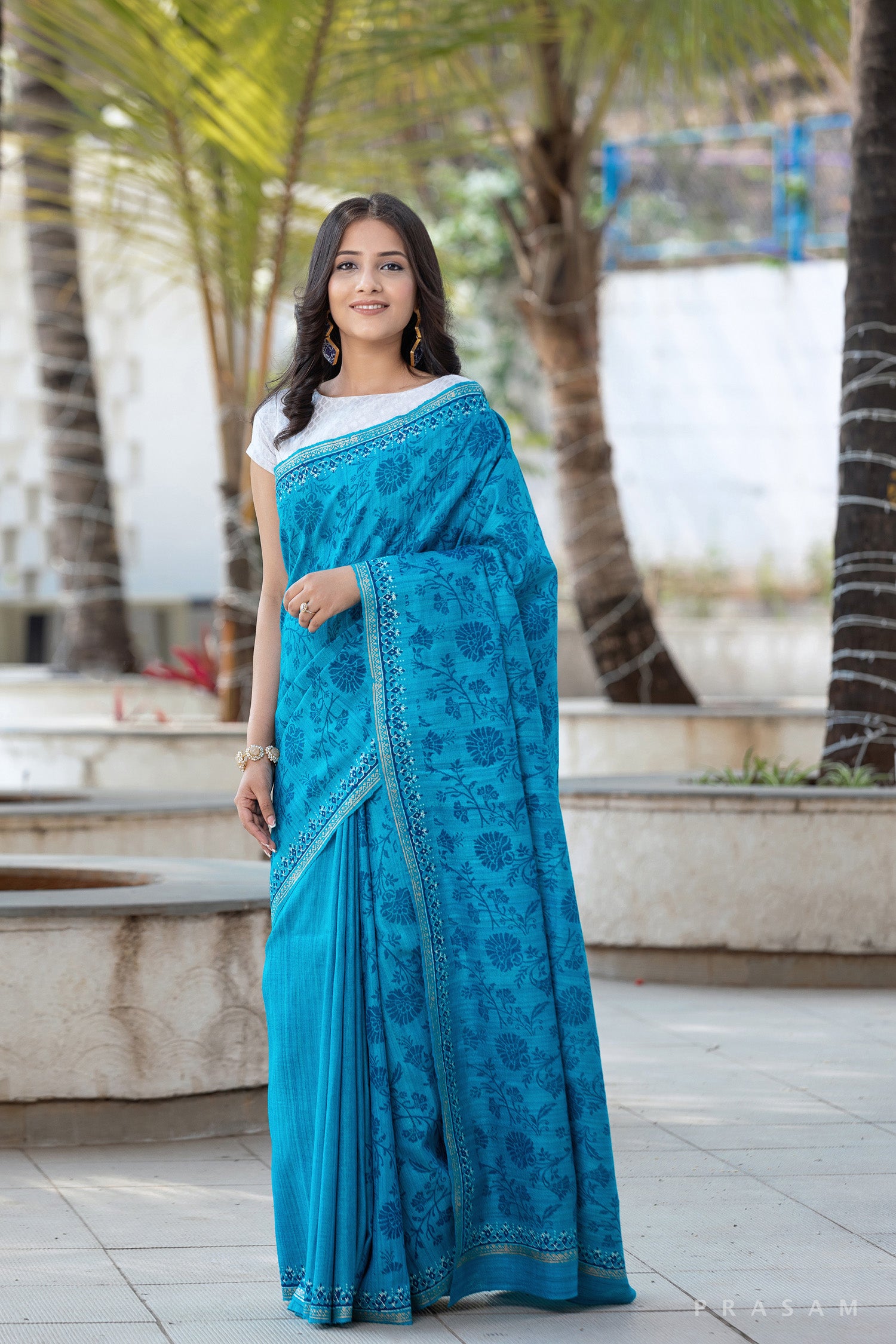 Creamy Skyful - Pure Ghicha Silk Block Print Saree Prasam Crafts