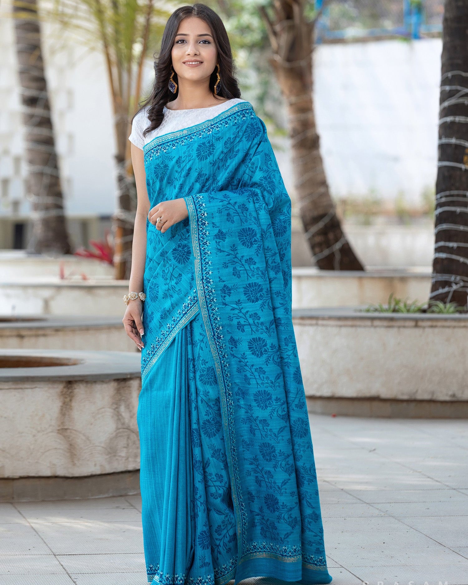 Creamy Skyful - Pure Ghicha Silk Block Print Saree Prasam Crafts
