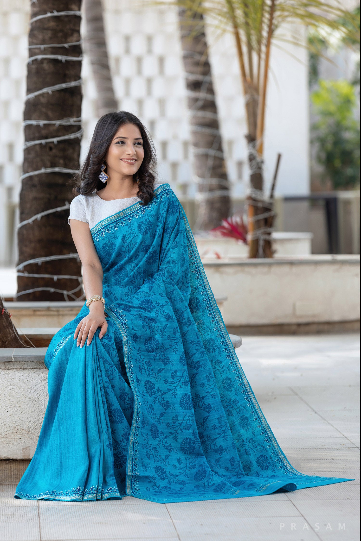 Creamy Skyful - Pure Ghicha Silk Block Print Saree Prasam Crafts