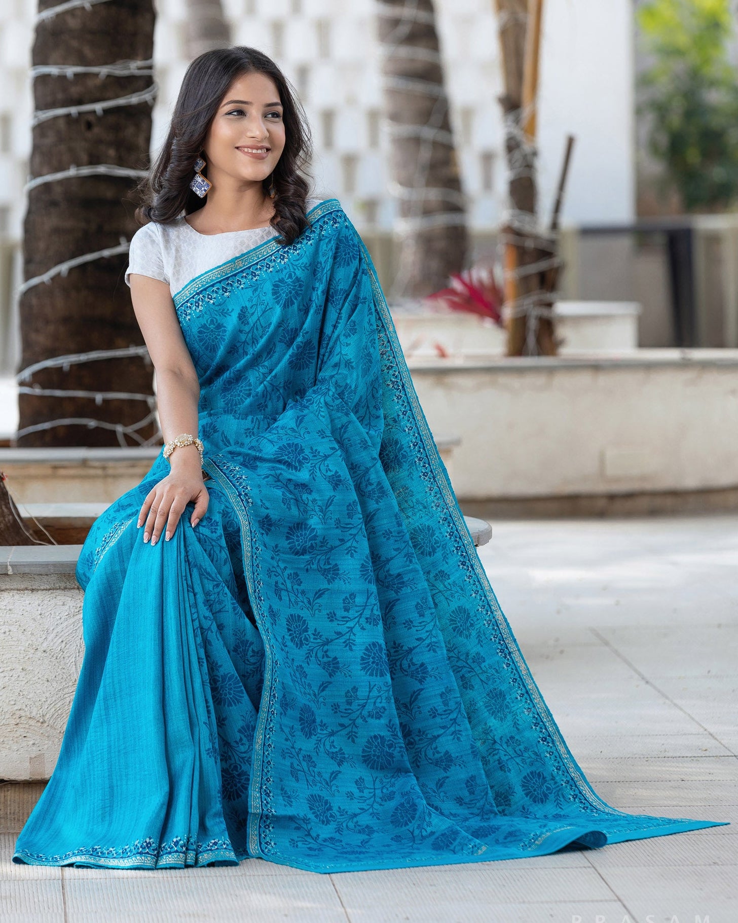 Creamy Skyful - Pure Ghicha Silk Block Print Saree Prasam Crafts