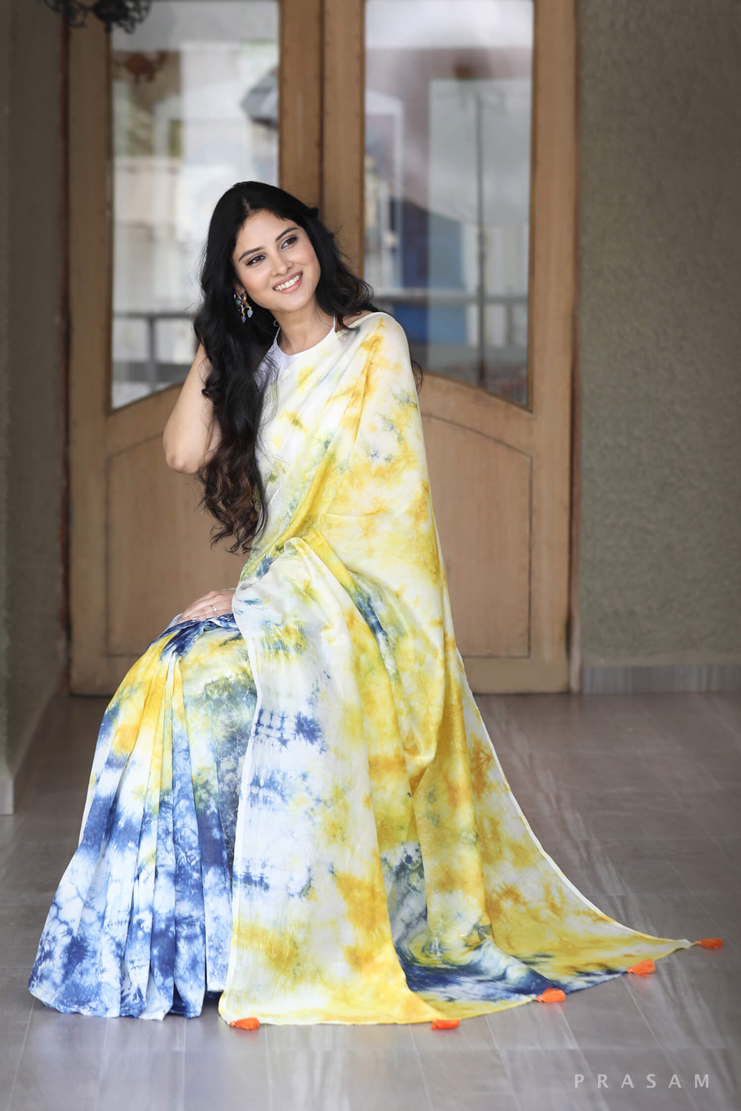 Citrous Ultramarine Chanderi Tie Dye Saree Prasam Crafts