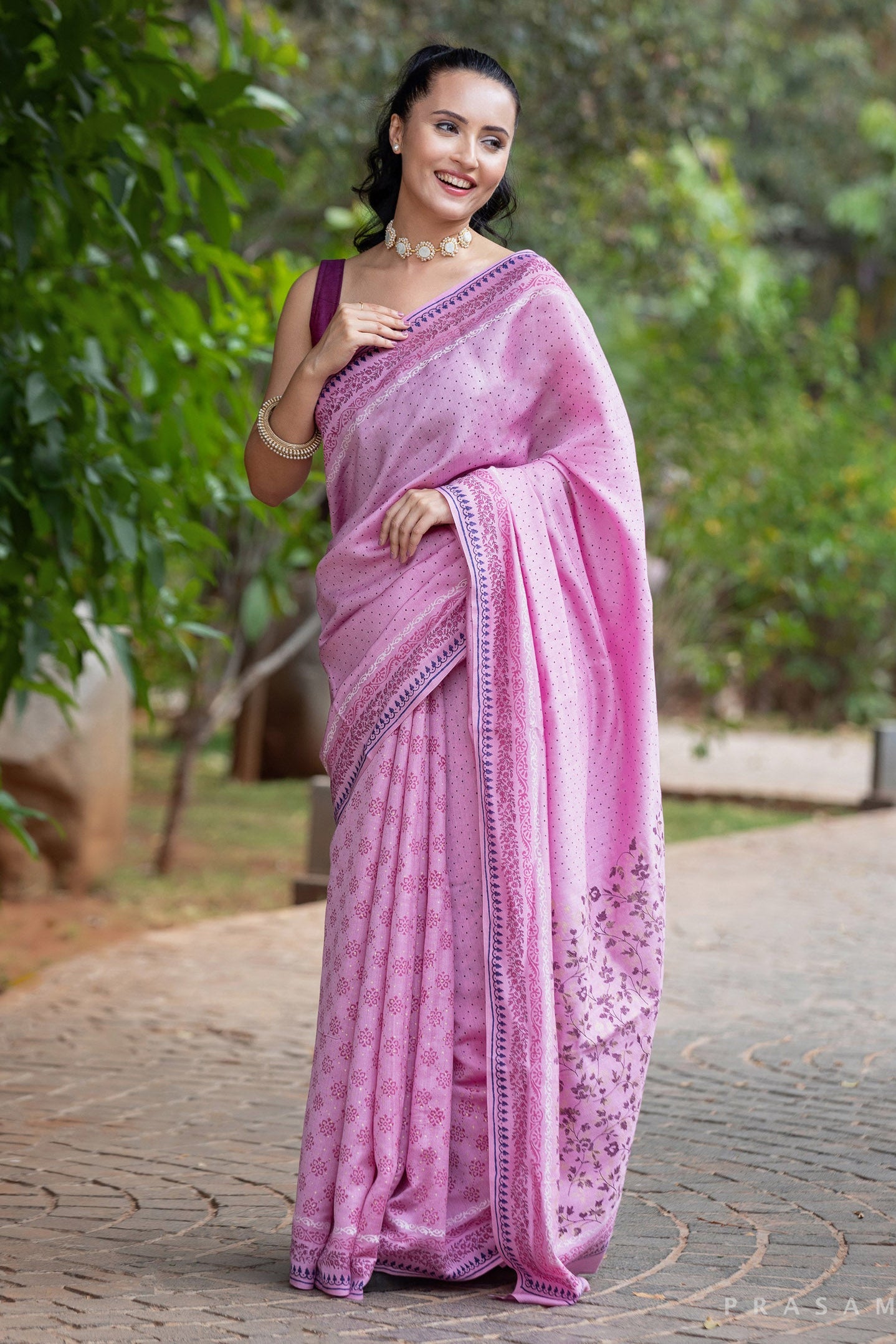 Soft berry-Silk Modal Block Print Saree Prasam Crafts