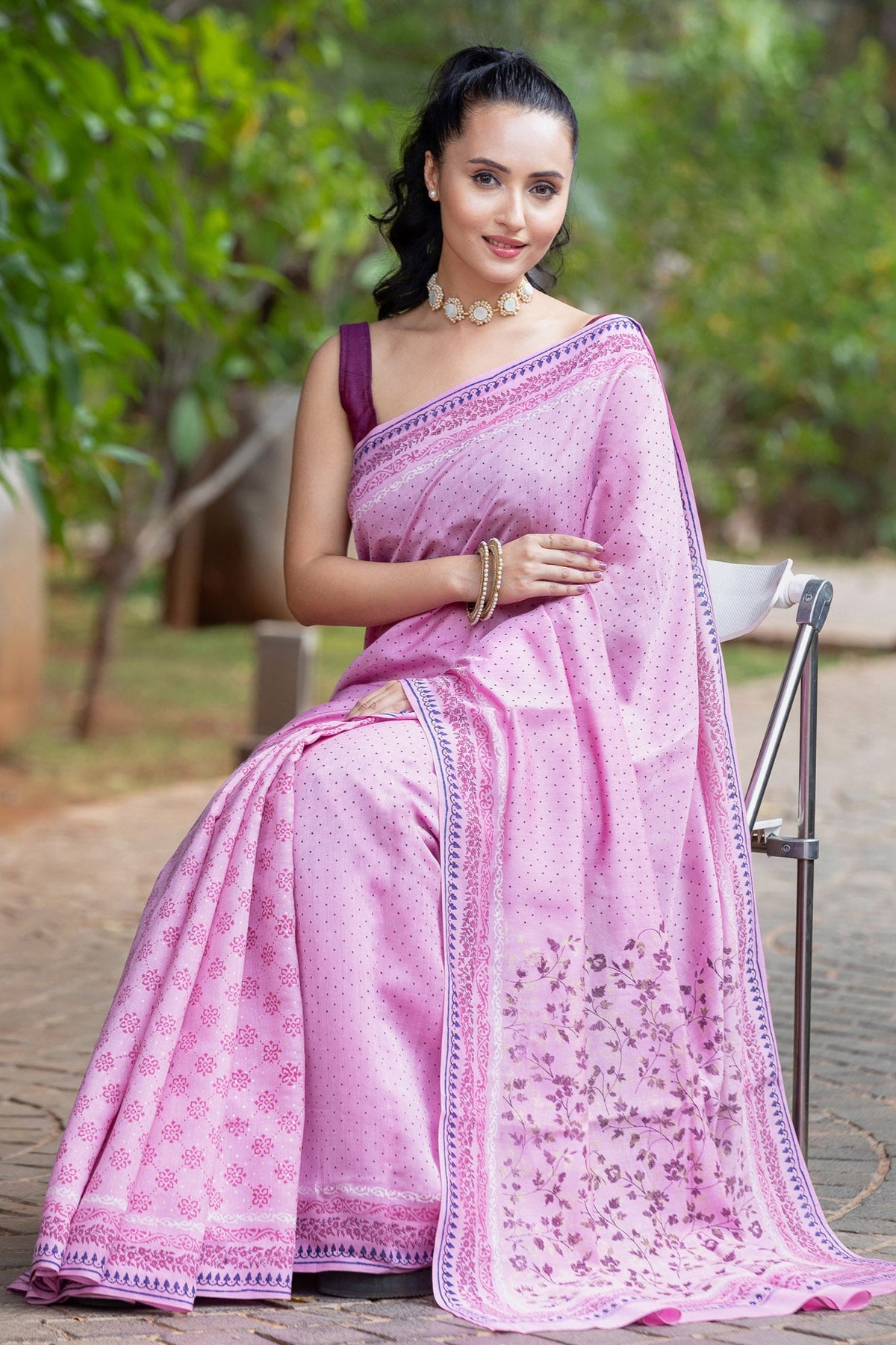 Soft berry-Silk Modal Block Print Saree Prasam Crafts