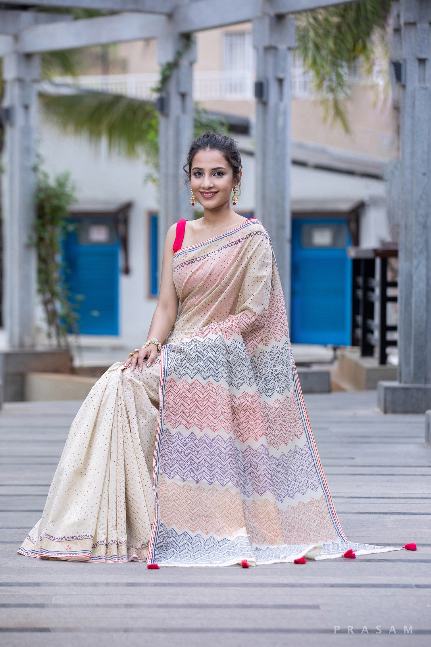 Faint & Creamy-Chanderi Block Print Saree Prasam Crafts