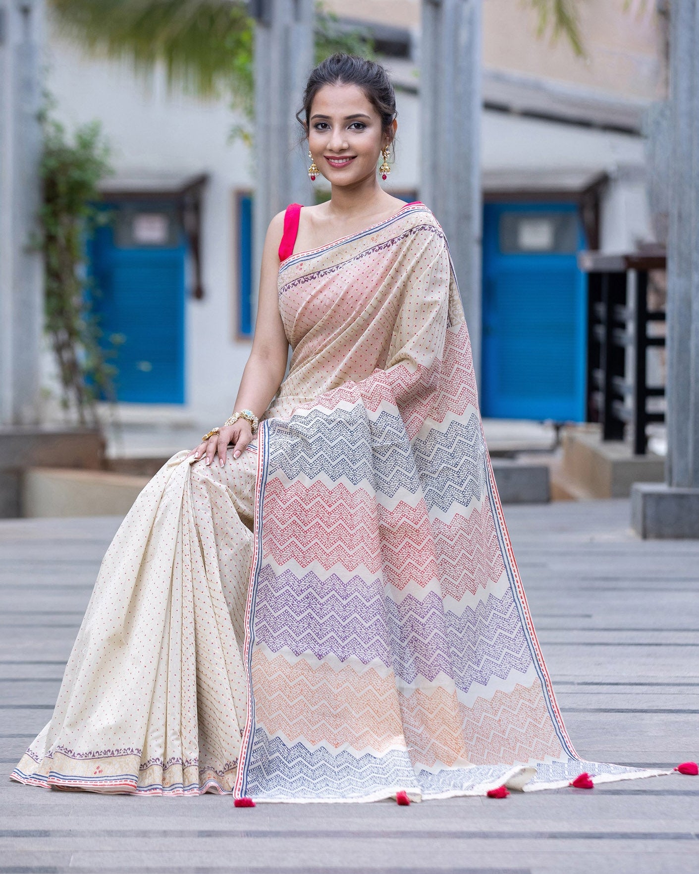 Faint & Creamy-Chanderi Block Print Saree Prasam Crafts