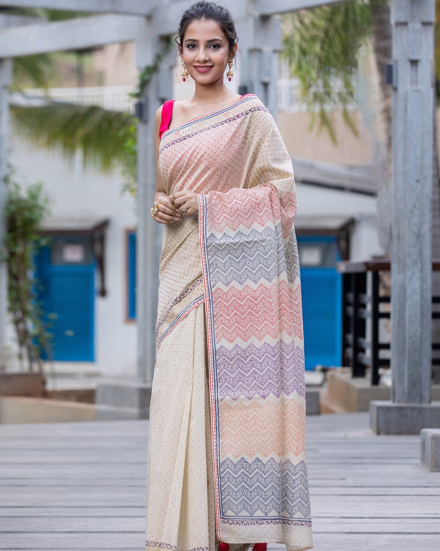 Faint & Creamy-Chanderi Block Print Saree Prasam Crafts