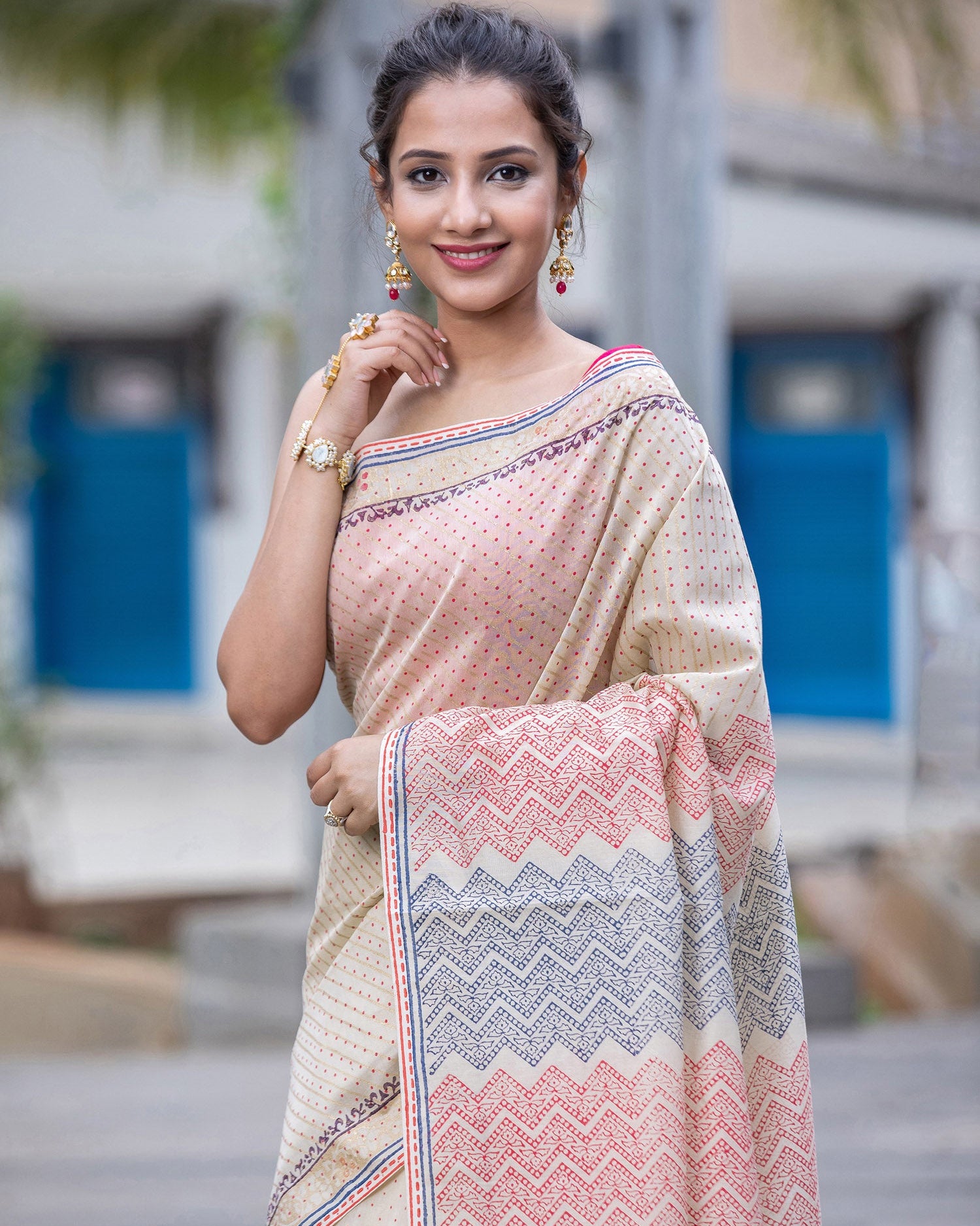 Faint & Creamy-Chanderi Block Print Saree Prasam Crafts